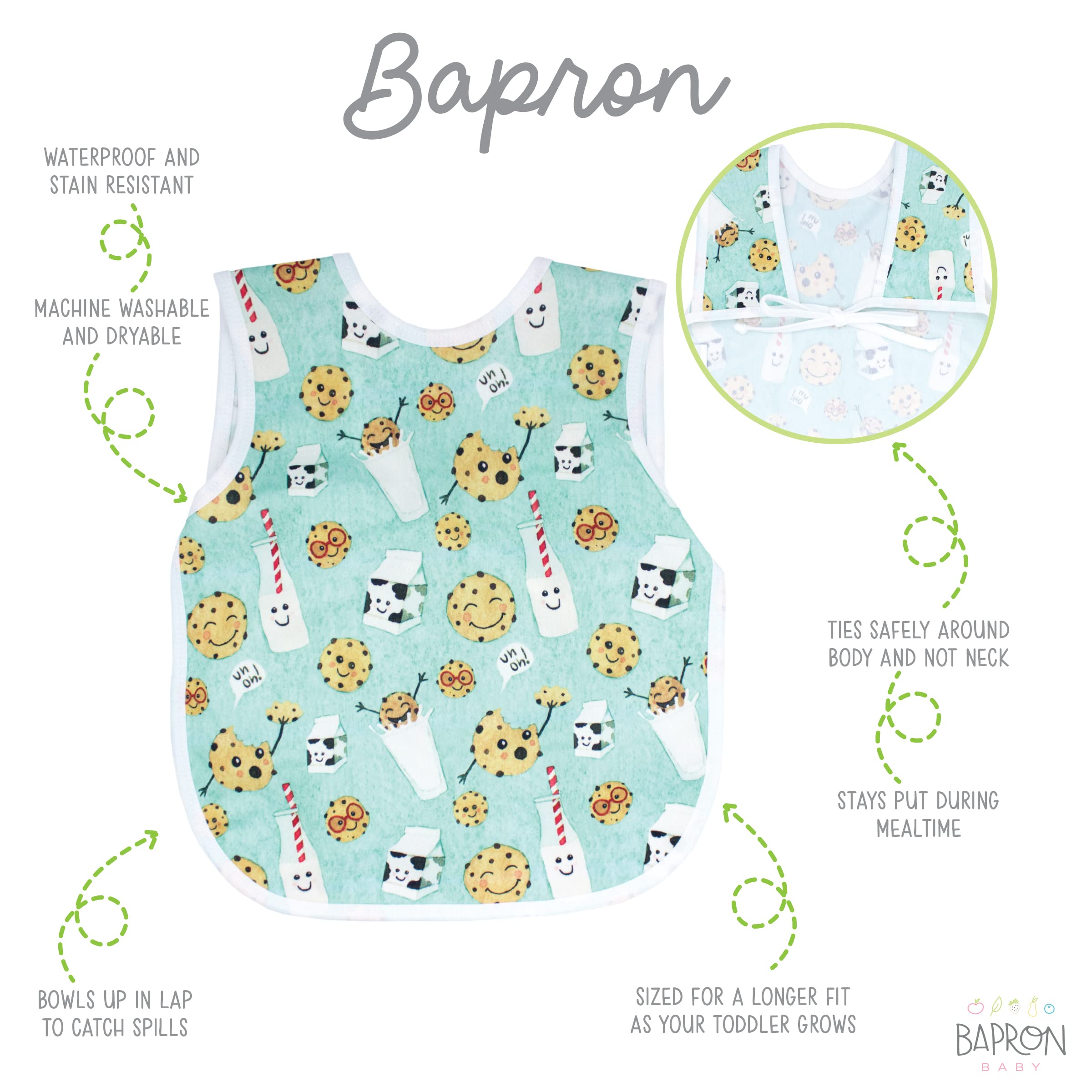 BapronBaby Cookies & Milk Bapron - No Neck Tie Safer Bib for Babies & Toddlers 3-5 Years - Soft Waterproof & Stain Resistant Feeding Apron - Machine Washable Preschool Bib - Perfect for Mealtime, Snacks & Messy Play