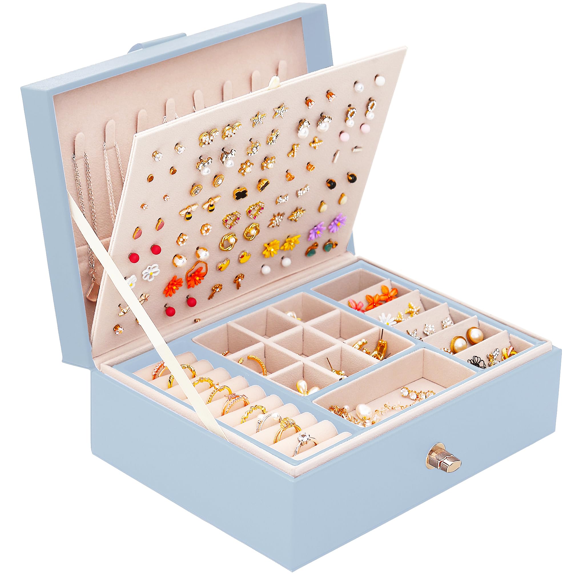 **Blue Jewelry Box Organizer for Girls - Earring Holder, Necklace & Ring Storage - Perfect for Teen Bedroom, Travel & Gift Giving**