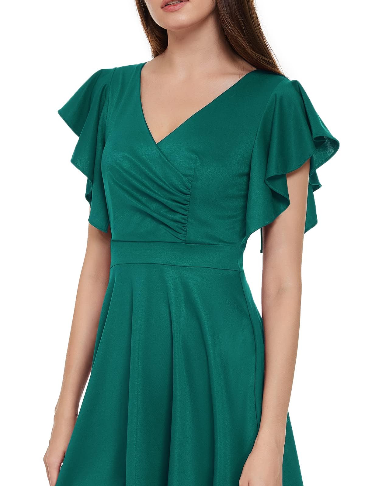 Elegant Women's Cocktail Wrap Dress - V Neck Ruffle Short Sleeve A-Line Midi Dress with Pockets for Wedding Guest, Work & Formal Events | Perfect for Parties, Office & Special Occasions