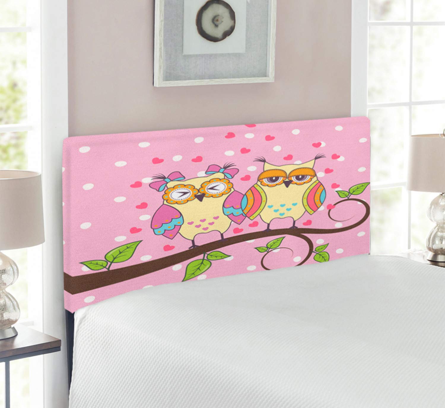 Ambesonne Romantic Owls in Love Upholstered Headboard - Twin Size, Pale Yellow & Apple Green, Memory Foam Padding, Metal Frame | Perfect for Bedroom Decor, Kids Room, and Nursery Themes
