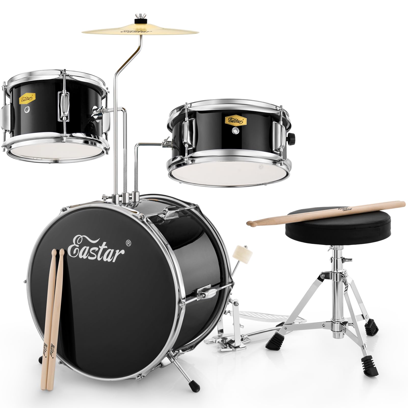 Eastar 14'' Kids Beginner Drum Set - 3 Piece with Bass, Tom, Snare Drum, Adjustable Throne, Cymbal, Pedal & 2 Pairs Drumsticks - Metallic All Black - Perfect for Home Practice, Music Lessons & First Drum Kit for Young Musicians