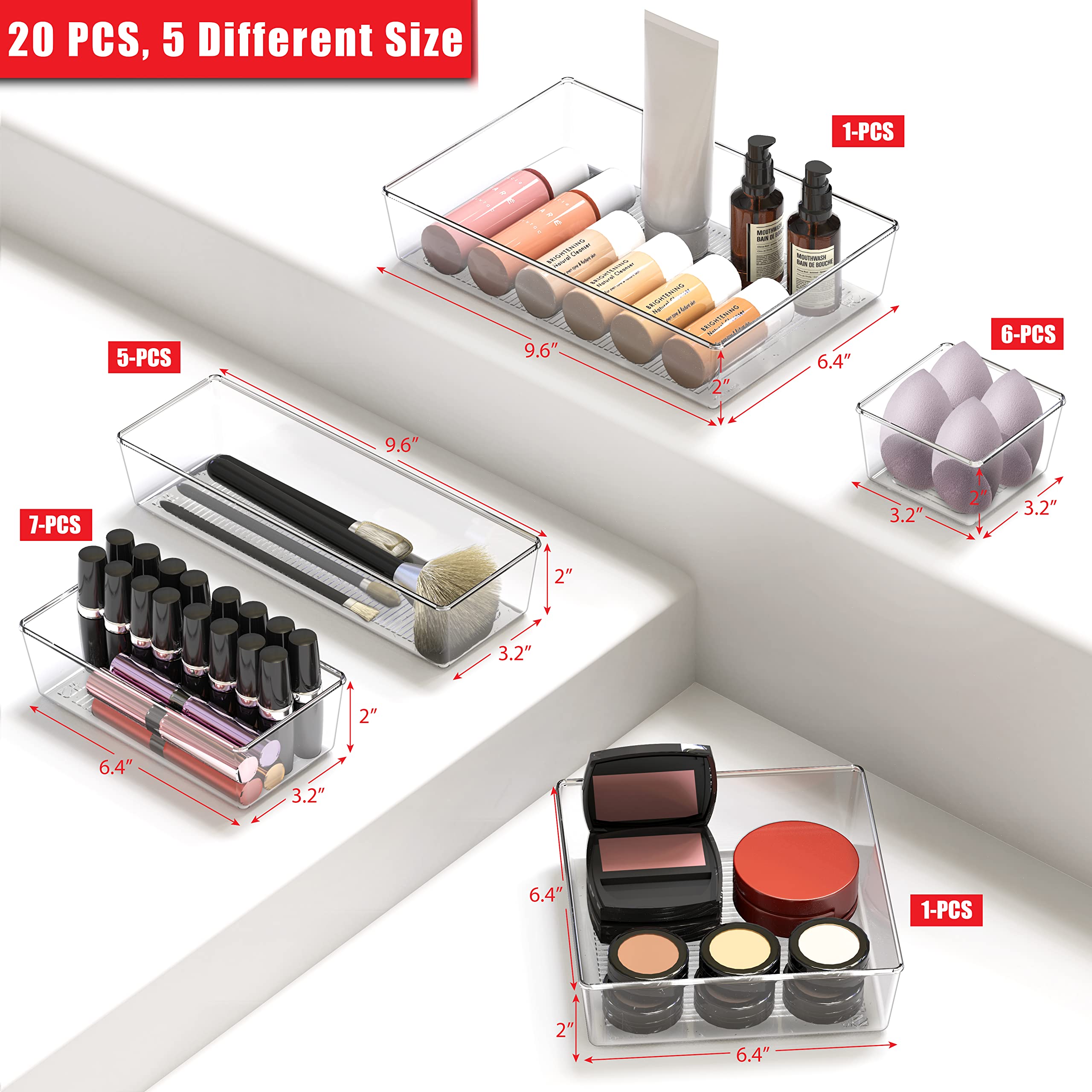 20-Piece Clear Plastic Drawer Organizer Set - 5 Sizes for Makeup, Bathroom, Bedroom & Office Storage - Perfect for Jewelry, Cosmetics, Utensils & Stationery Organization