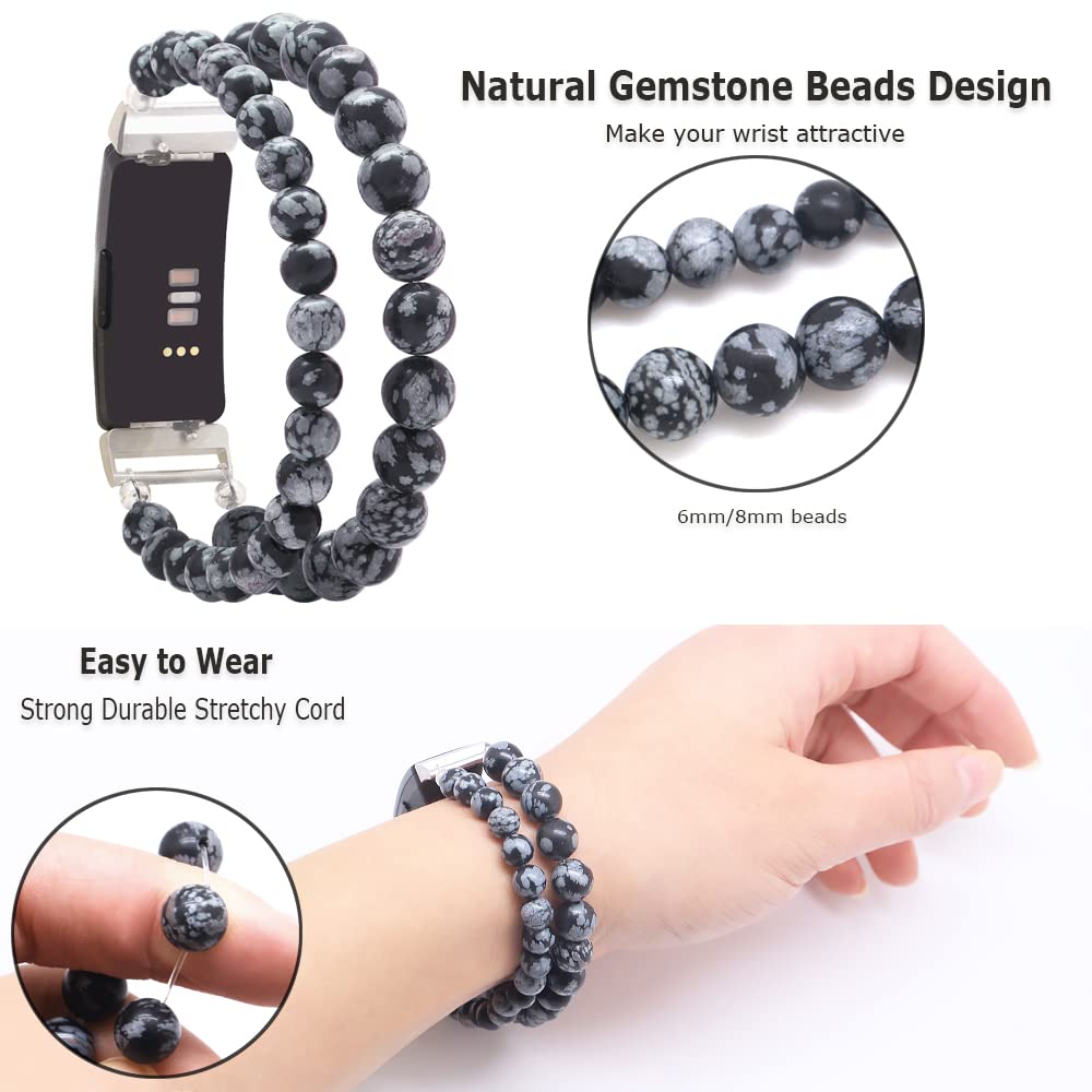 Fitbit Inspire HR Bands for Women - Handmade Beaded Adjustable Strap (Snowflake Obsidian) for Workouts & Daily Wear