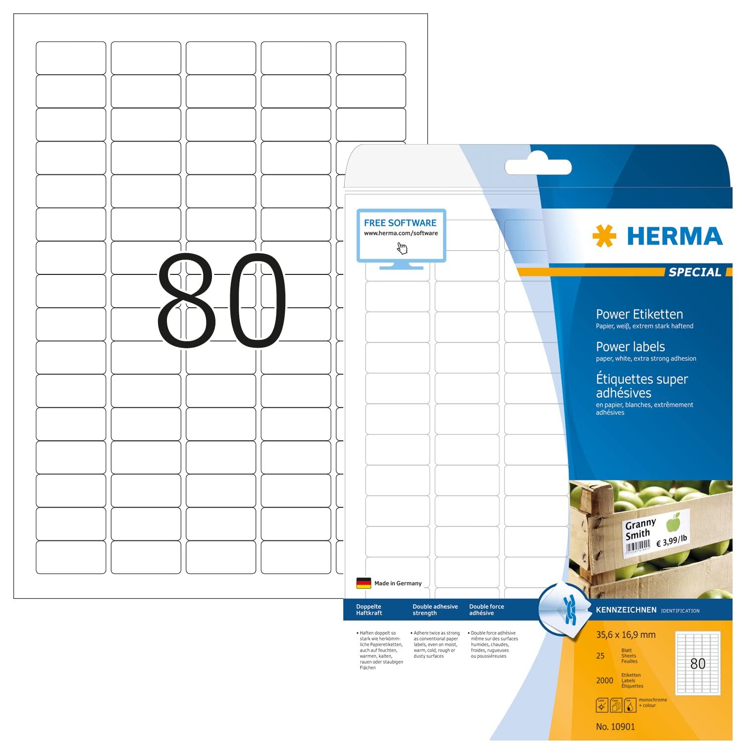 HERMA Extra Strong Adhesive Labels - 2000 Blank White Heavy Duty Stickers (35.6x16.9mm) - 80 Labels per A4 Sheet, 25 Sheets - Compatible with Laser & Inkjet Printers - Perfect for Shipping, Packaging, Organizing & Mailing