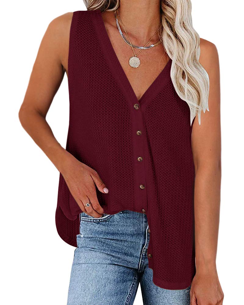 Women's V-Neck Button Down Tank Tops - Waffle Knit Sleeveless Tee Shirts for Summer Casual Wear | Perfect for Beach, Vacation & Everyday Outfits