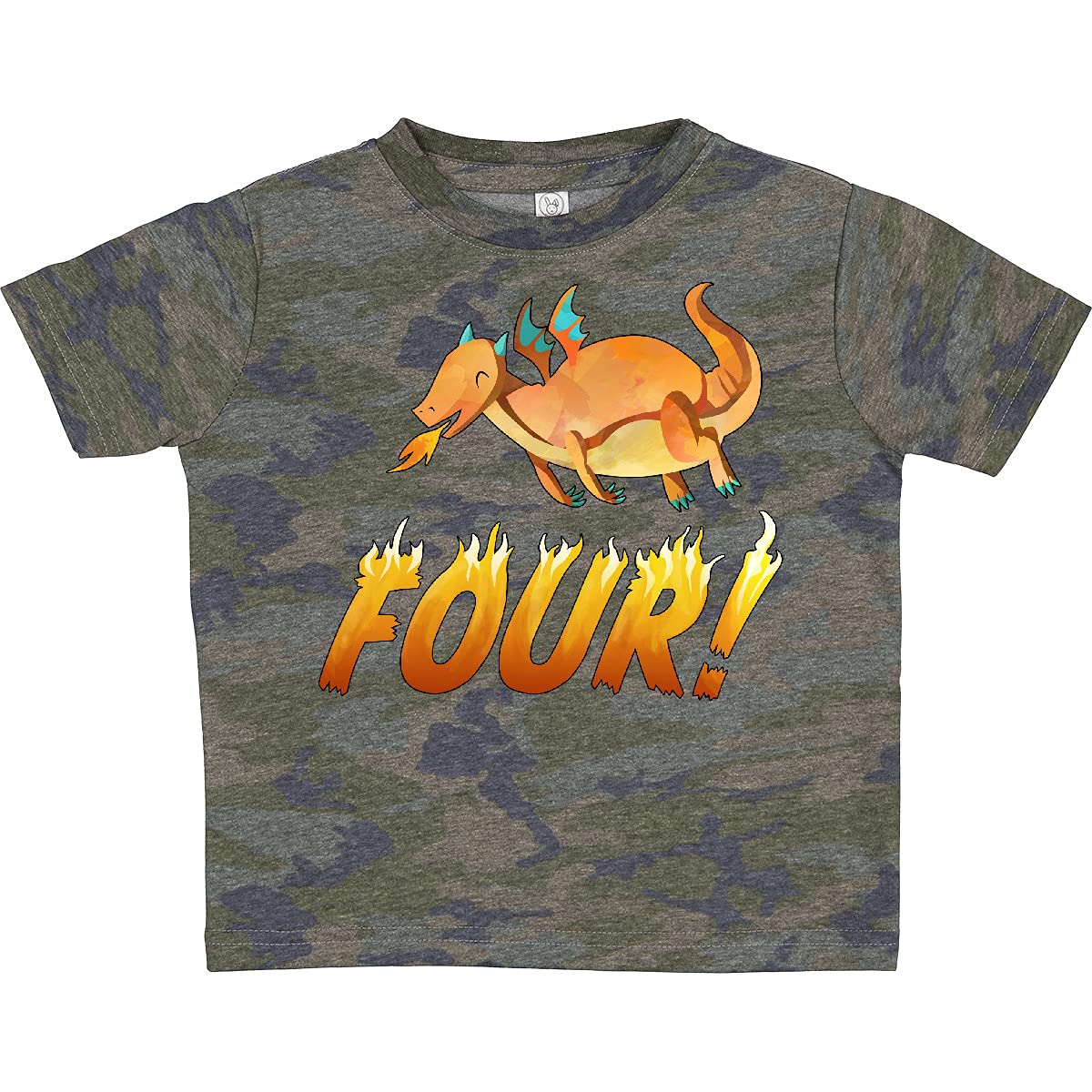 inktastic 4 Fourth Birthday Orange Dragon Breathing Fire Toddler T-Shirt - Fun Birthday Party Outfit for Boys & Girls