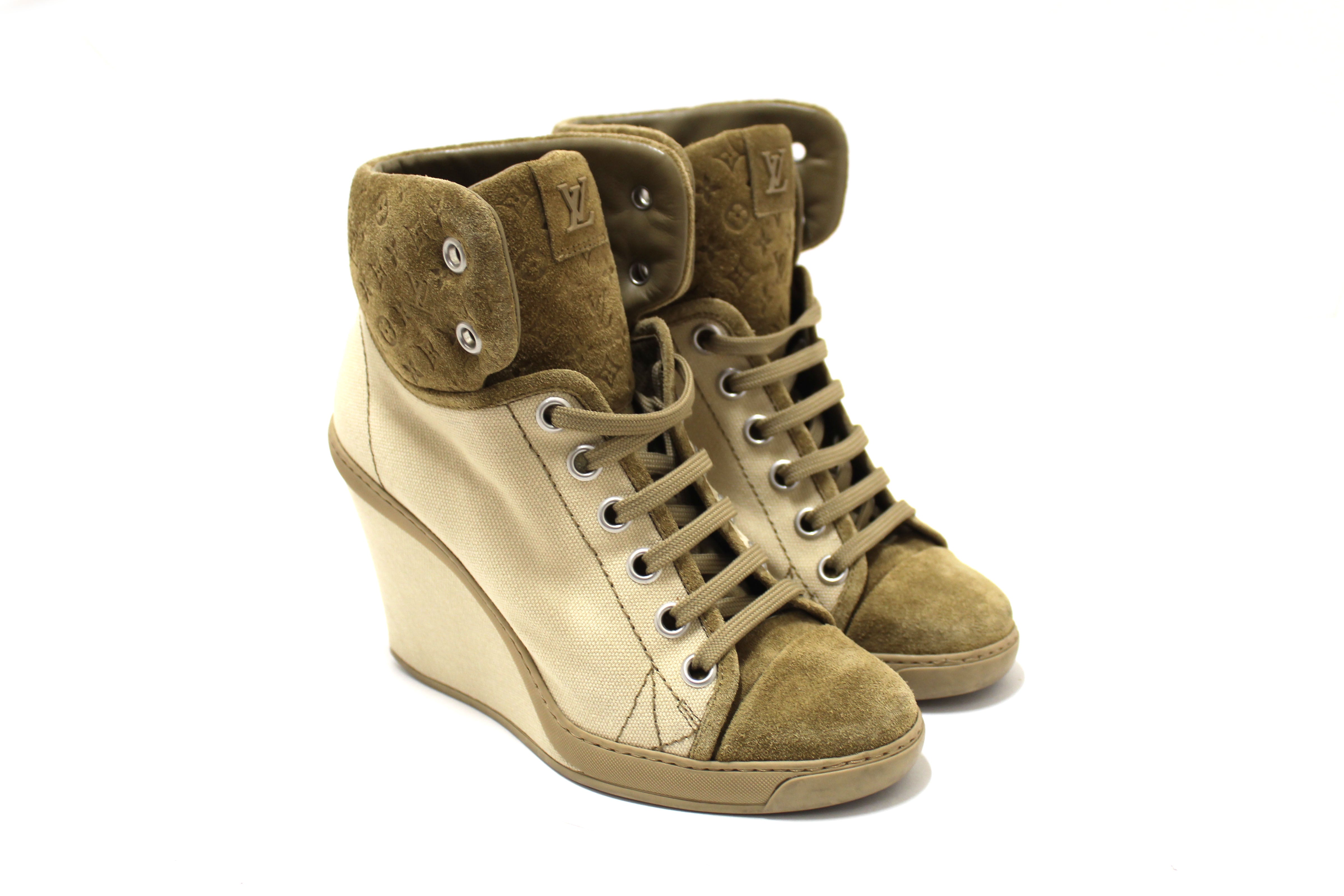 Authentic Louis Vuitton Khaki Suede Batignolles Wedge Shoes Women's Size 38 | Luxury Designer Heels for Parties, Weddings & Fashion Events