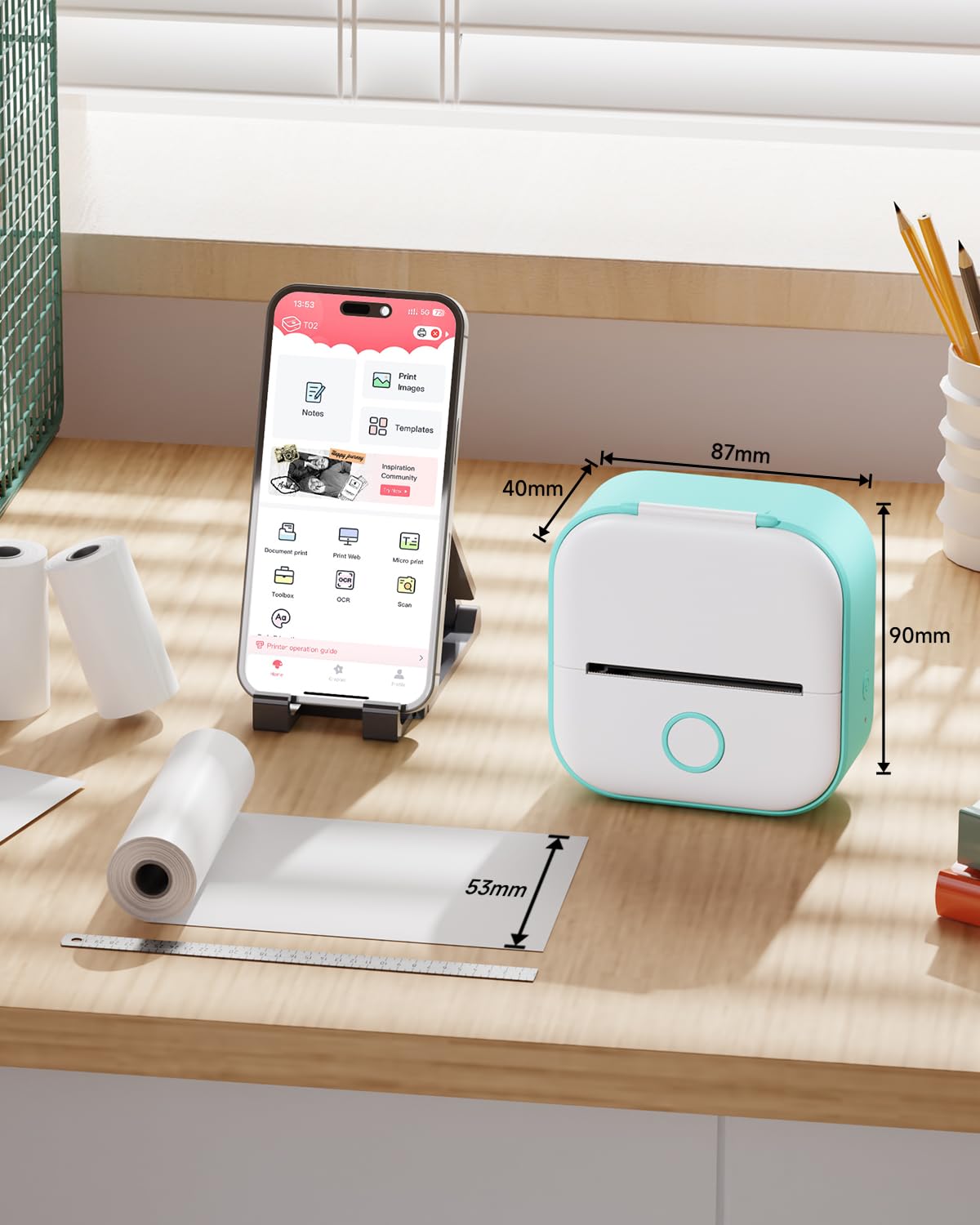 Memoqueen T02 Mini Bluetooth Thermal Sticker Printer - Portable Label Maker for Journals, DIY Scrapbooking, Travel Planning & Kids Crafts - Includes 3 Rolls Thermal Paper - iOS/Android Compatible - Green (Perfect for Home Organization, School Projects & Creative Gift Ideas)