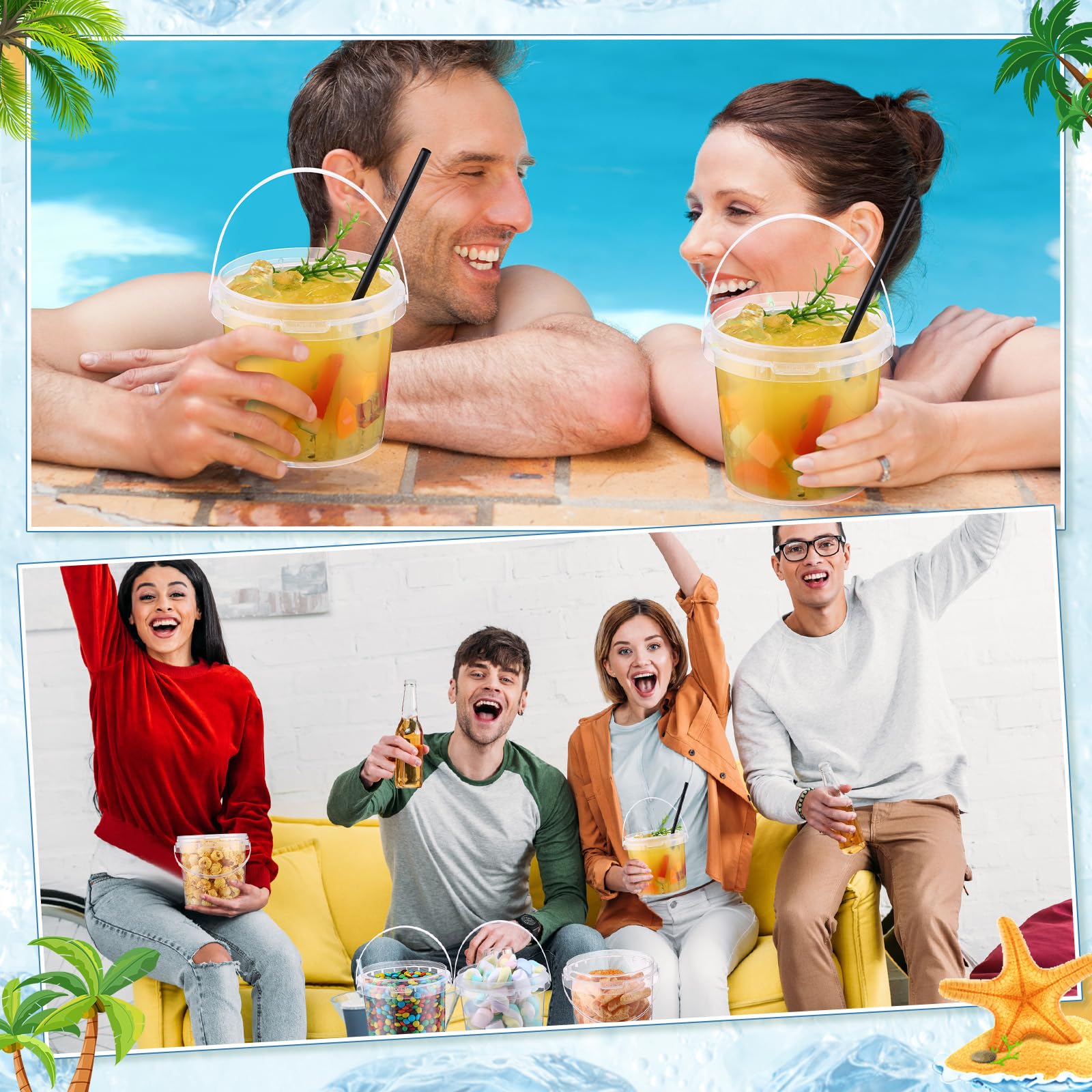 24-Piece Clear Plastic Ice Cream Buckets with Lids & Straws - Food Storage Containers for Cold Drinks, Desserts & Party Snacks - Perfect for Summer Beach Parties, Picnics & Outdoor Gatherings