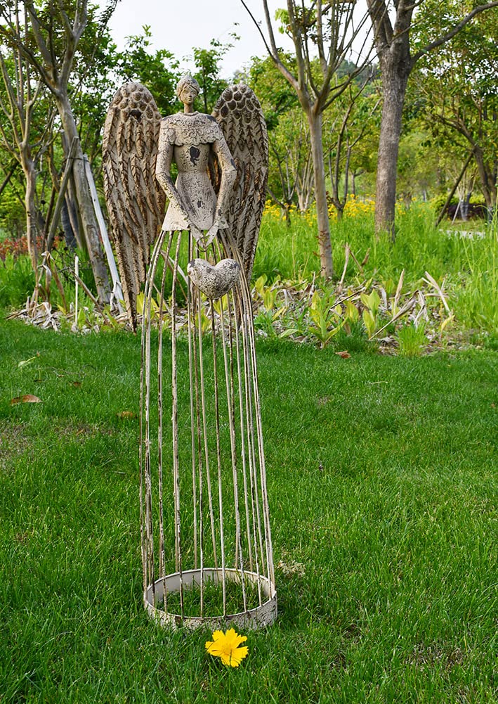 Linfevisi Rustic Metal Garden Angel Statue Decor - 2 Pack Antique Outdoor Yard Art (Star & Heart Design) for Home, Garden, Patio - Perfect Housewarming Gift & Heavenly Decor for Outdoor Spaces
