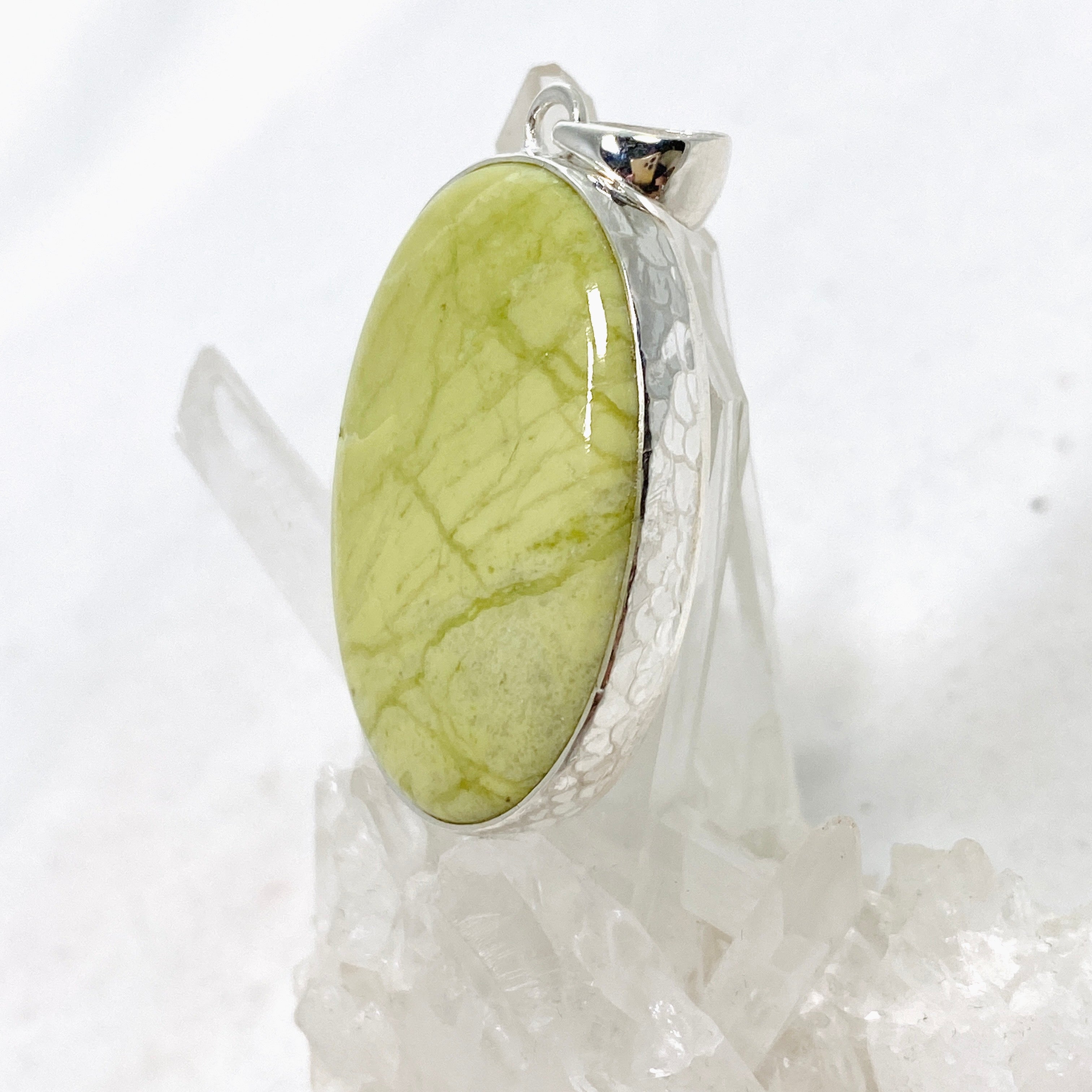 Natural Green Opal (Madagascar) Oval Cabochon Pendant Necklace - Handcrafted Hammered Silver Setting KPGJ4653 - Perfect for Boho Jewelry & Gift Giving