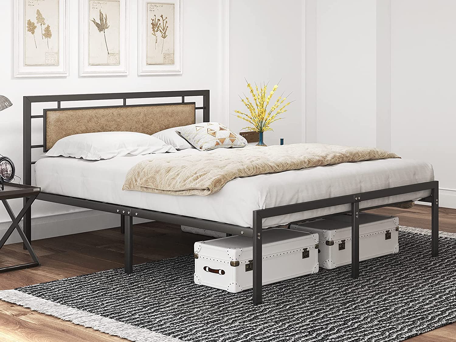 Queen Size Metal Bed Frame - Vintage Style Platform Bed with Upholstered Leather Headboard, No Box Spring Needed, Sturdy Metal Slats Support - Perfect for Master Bedrooms, Guest Rooms & Modern Apartments