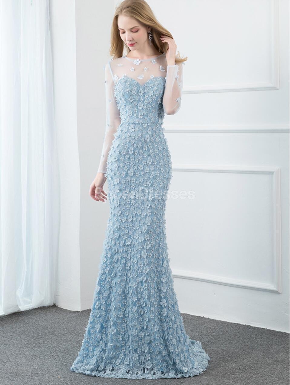 Elegant Tiffany Blue Long Sleeve Mermaid Prom Dress for Evening Parties & Formal Events - Perfect for Homecoming, Quinceañera & Wedding Guest Attire | Style 12287