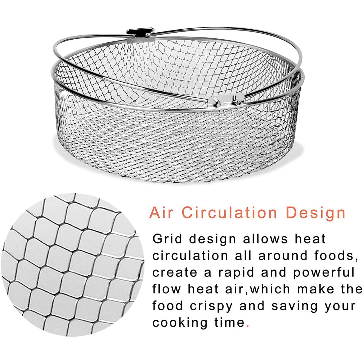 21CM 304 Stainless Steel Air Fryer Mesh Basket with Handle - Crisper Basket for Air Fryer Accessories | Perfect for Healthy Cooking, French Fries, Chicken Wings & Vegetables in Home Kitchen