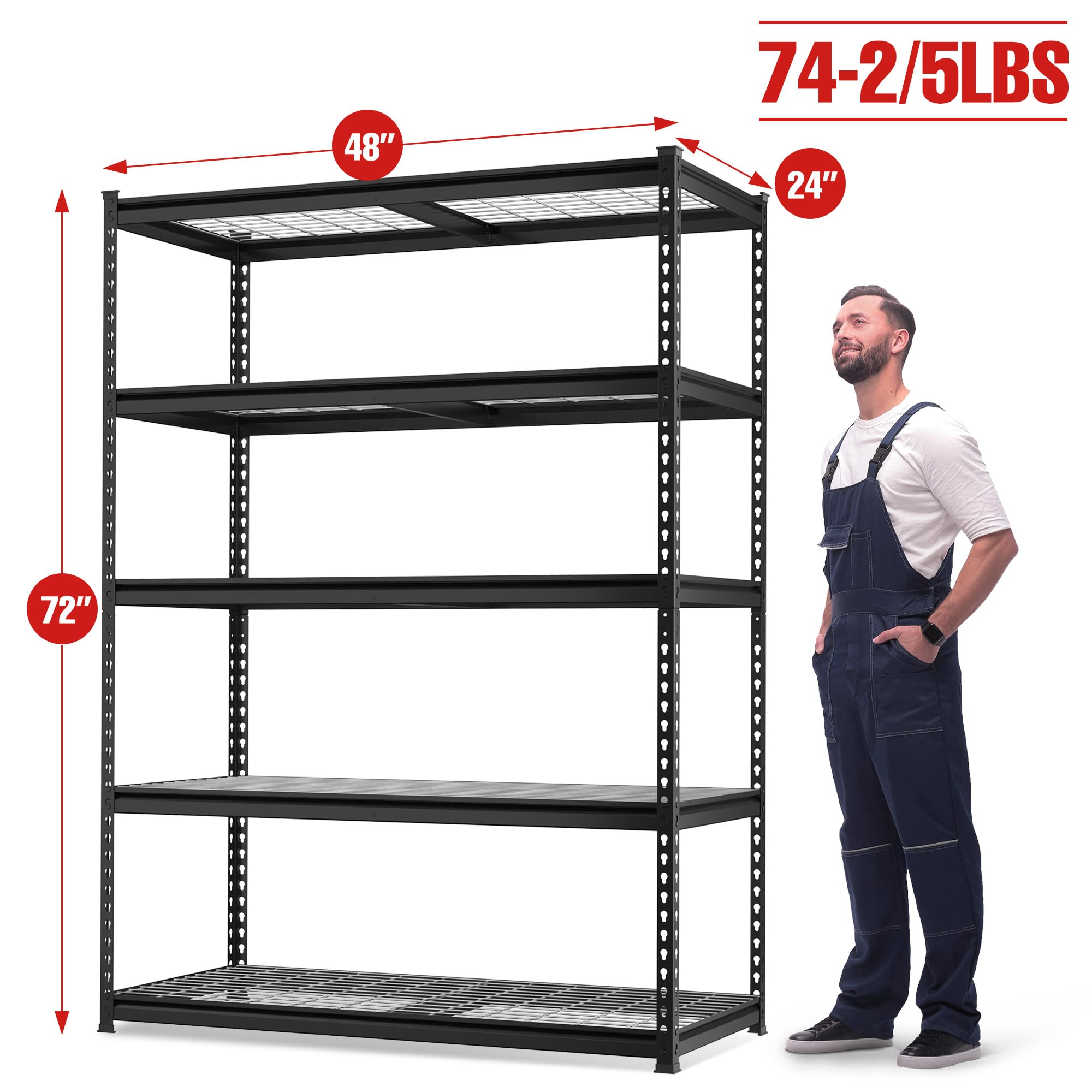 WORKPRO 5-Tier Heavy Duty Metal Shelving Unit, 48”W x 24”D x 72”H Adjustable Storage Rack - 4000 lbs Total Capacity for Garage, Basement, Warehouse Organization - Perfect for Storing Tools, Equipment & Bulk Supplies (2 Pack)
