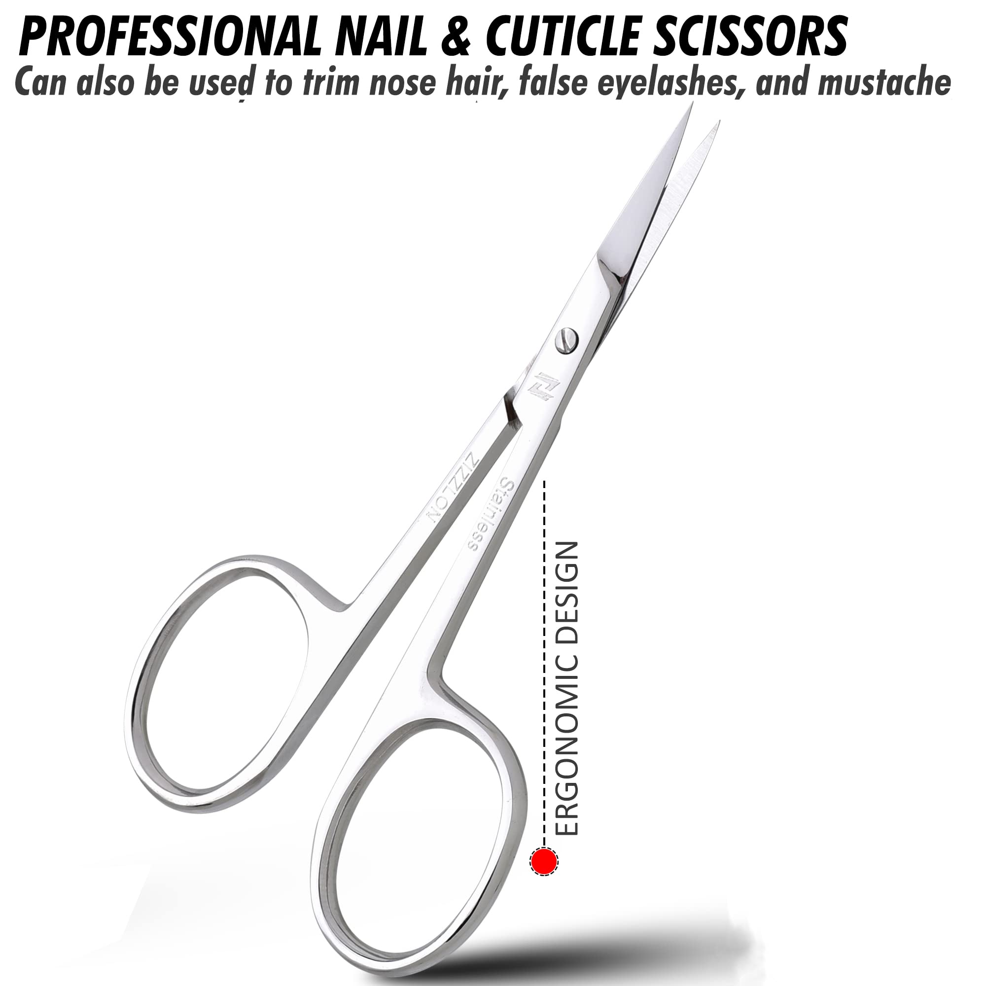 Professional Stainless Steel Cuticle & Eyebrow Scissors - Ultra Fine Curved Tips for Beard, Nose Hair, Eyelash, Mustache & Dry Skin Grooming | Perfect for Manicures, Salon Use & Home Grooming Kits