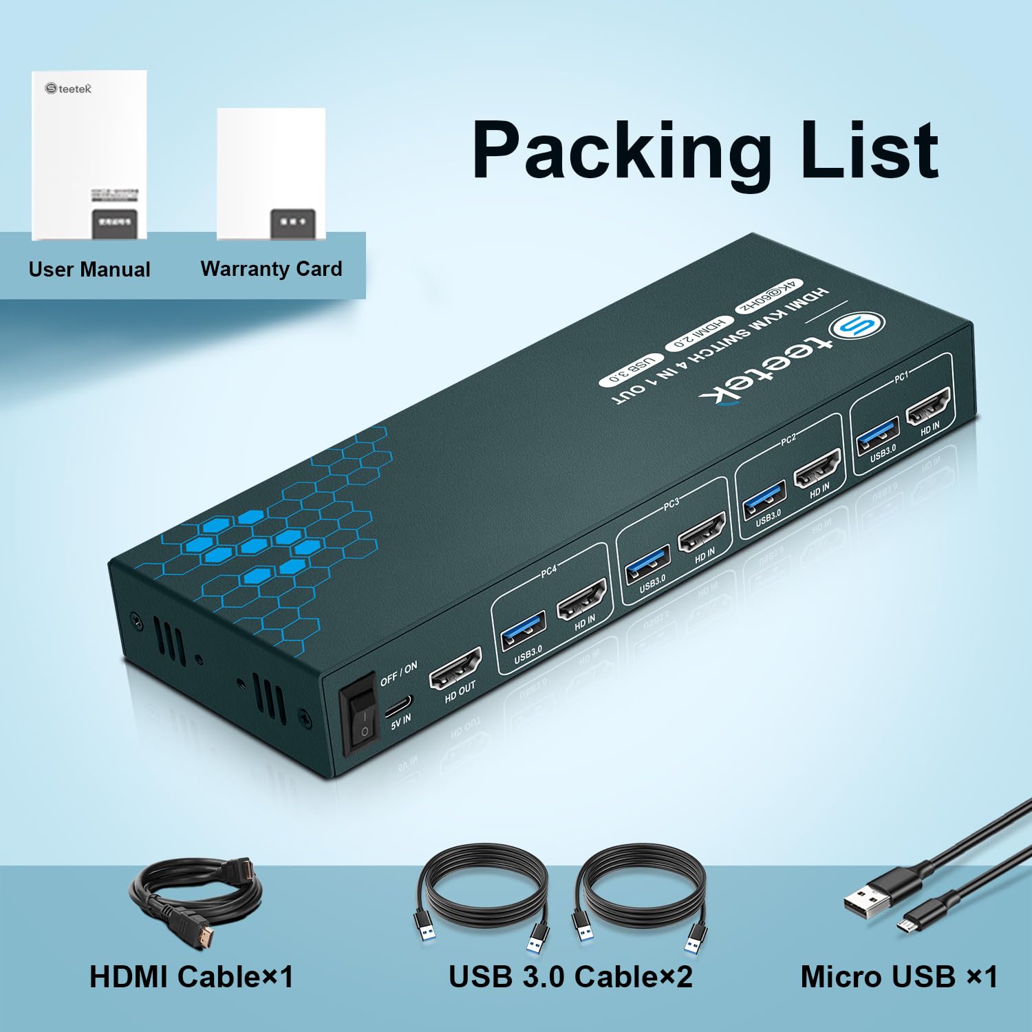 Steetek 4 Port HDMI KVM Switch - 4K UHD @60Hz, USB 3.0 Hub, Share 1 Monitor & 4 USB Devices Among 4 Computers - Button Switch, HDMI 2.0 HDCP 2.2 with Cables - Perfect for Home Office, Gaming & Multi-Device Workspaces