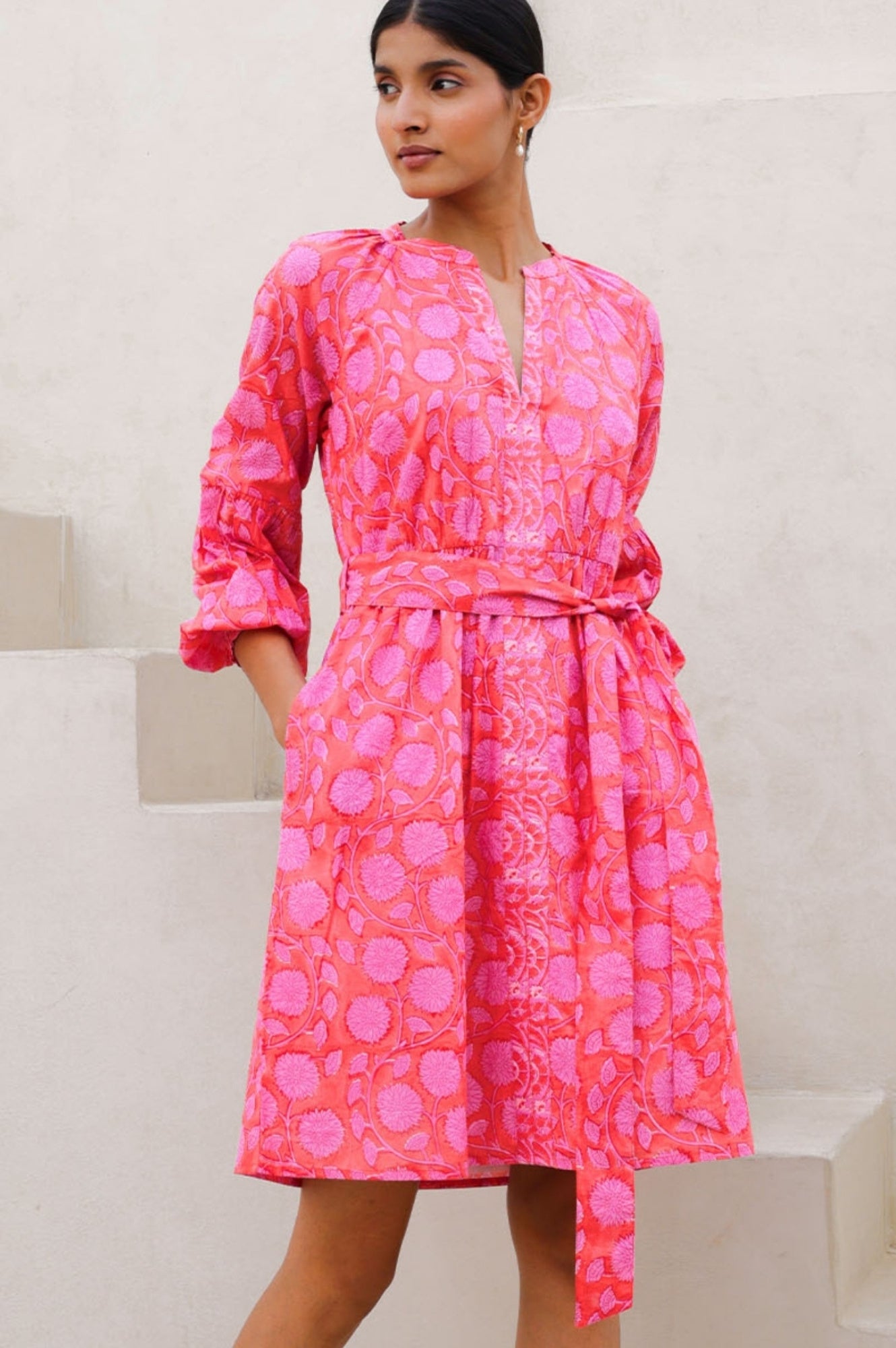Organic Cotton Block Print Short Dress by Cara | Mara Red & Pink | Boho Summer Dress for Beach, Vacation & Casual Outings
