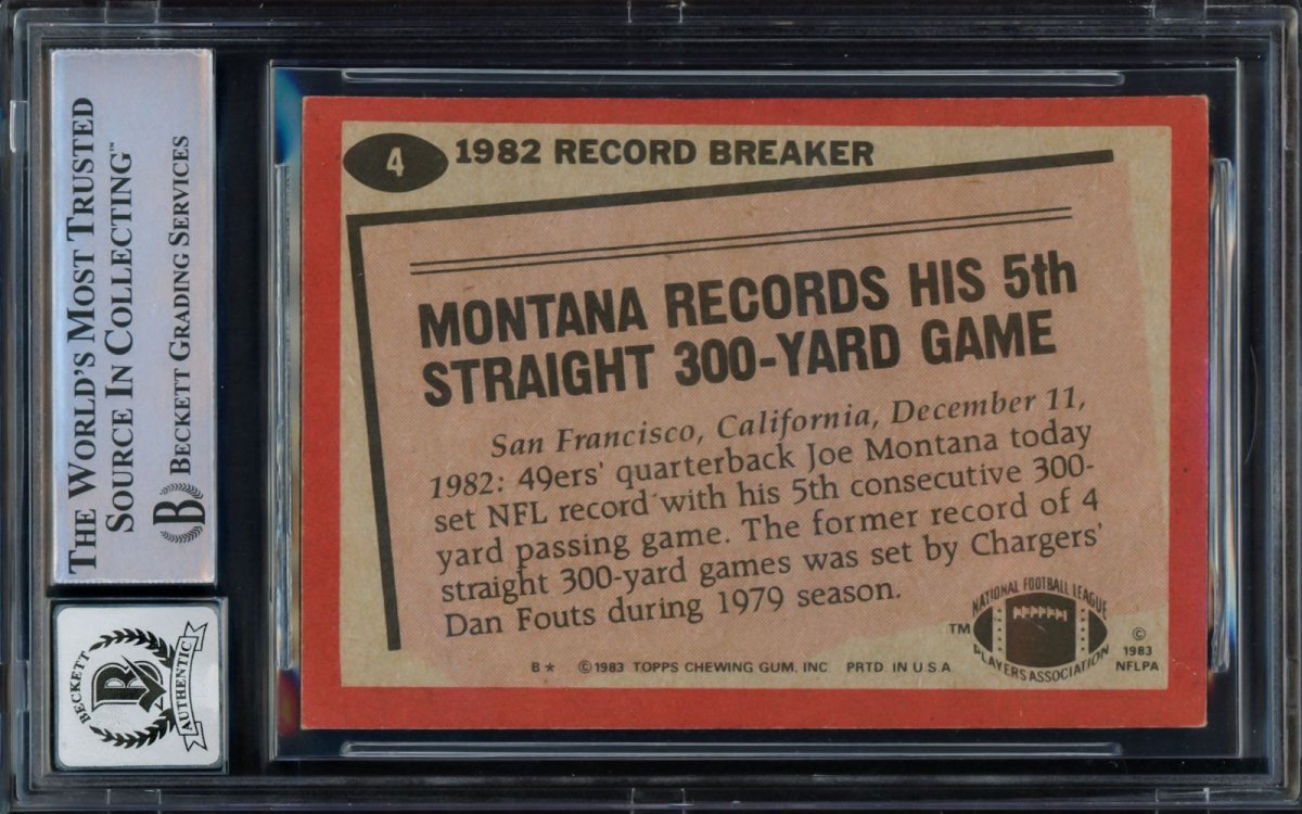 Joe Montana Autographed 1983 Topps #4 San Francisco 49ers Football Trading Card - BAS Certified Auto 10 - Perfect for NFL Memorabilia Collections and Sports Fan Gifts