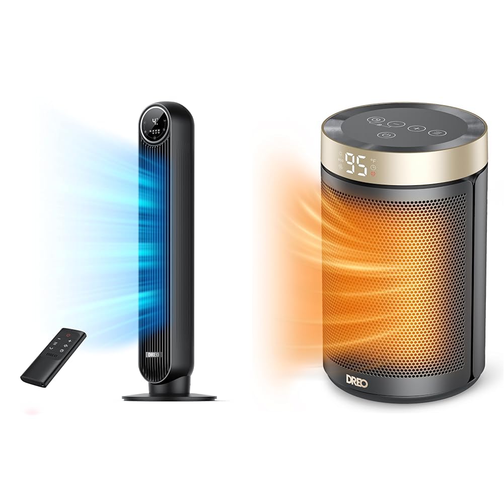 Dreo 24ft/s Quiet Tower Fan & Space Heater with Thermostat - Portable Electric Heater for Bedroom, Office, and Indoor Use | Fast Cooling & Heating for Year-Round Comfort