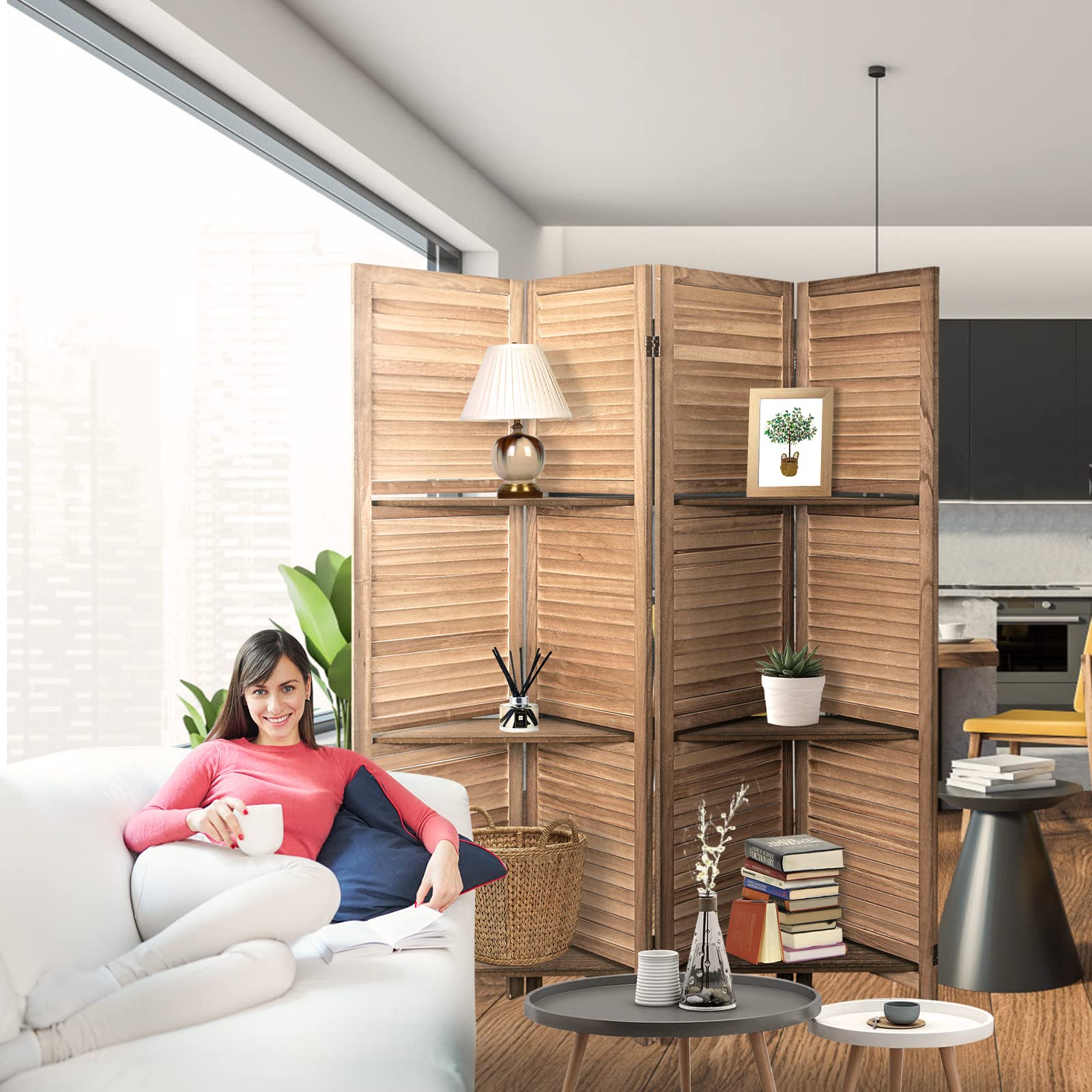 ECOMEX 4 Panel Folding Room Divider with 3 Removable Shelves - 5.6Ft Tall Privacy Screen Partition for Living Room, Bedroom & Office - Retro Brown Storage Organizer for Home Decor & Space Division