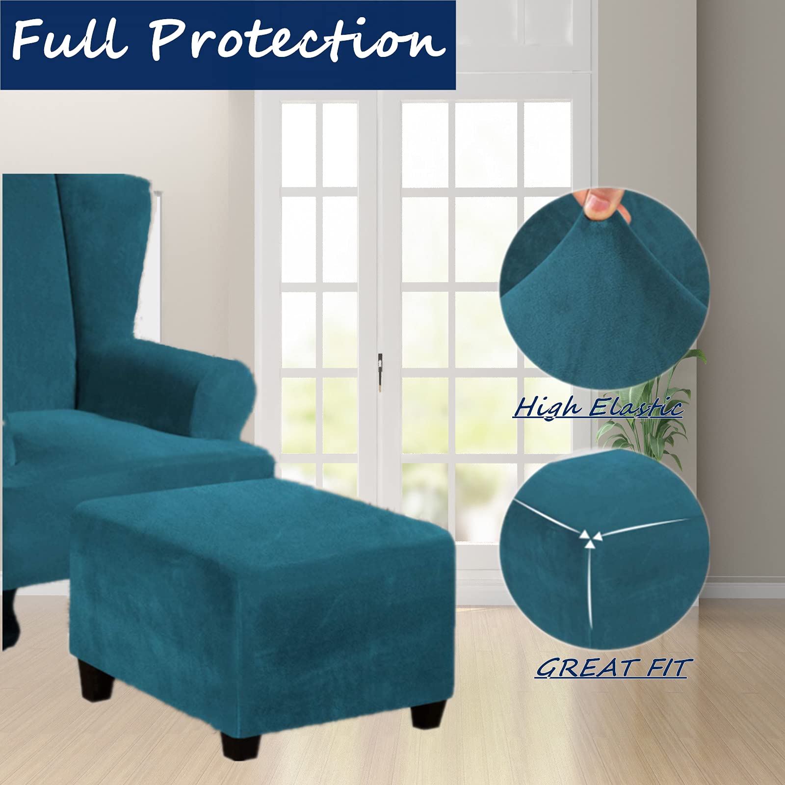 Stretch Velvet Ottoman Slipcover - Square Footstool Cover with Elastic Bottom for Folding Storage Ottoman - Teal Blue Living Room Furniture Protector - Perfect for Home Decor, Lounge & Guest Seating