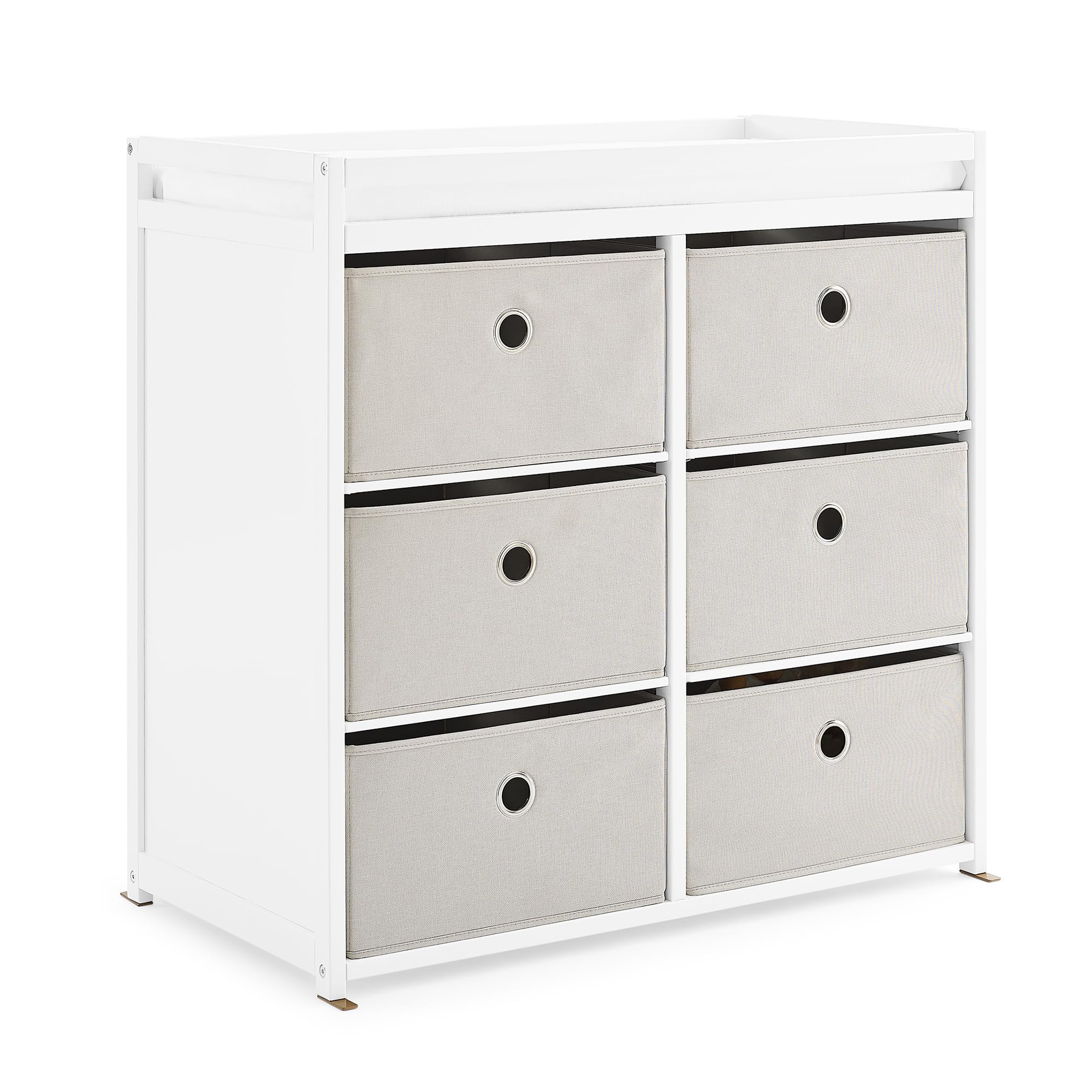 Delta Children Hayes Changing Table & Dresser - 6 Fabric Drawer Nursery Organizer in Bianca White/Flax Bins | Baby Changing Station with Storage for Diapers, Wipes & Clothes | Perfect for Nursery, Bedroom & Baby Shower Gifts
