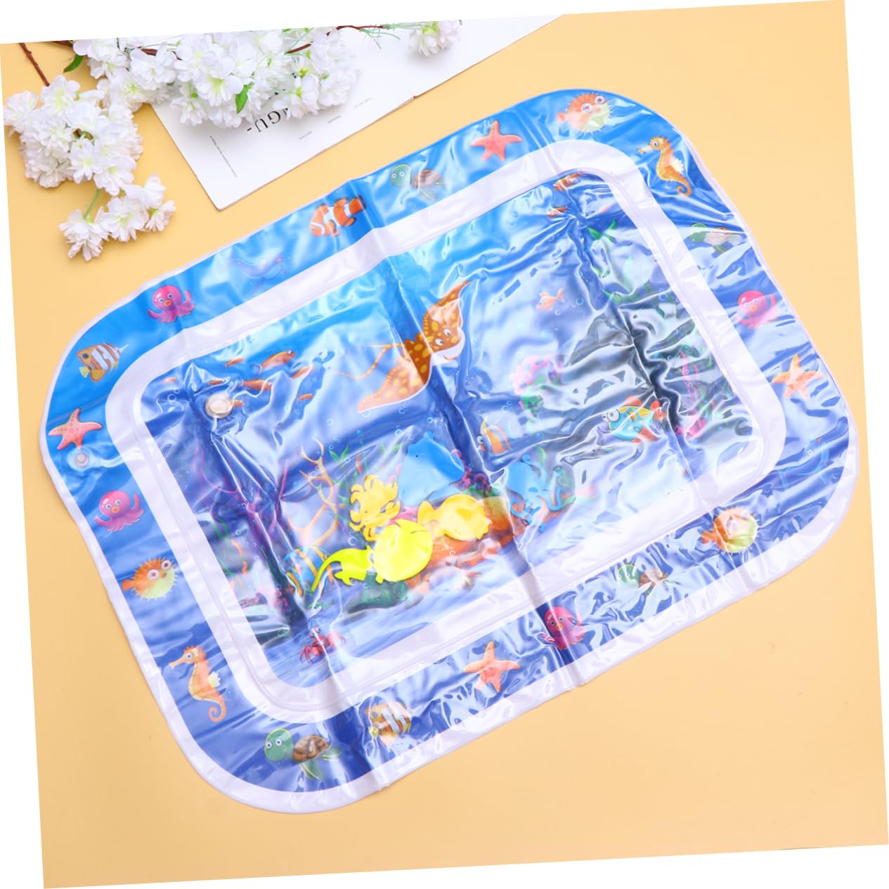 ANDRESLAD Inflatable Water Play Mat for Babies - Non-Toxic Crawling Water Cushion with Floating Toys, Sensory Activity Pad for Toddlers (Blue) - Perfect for Indoor/Outdoor Summer Fun, Pool Parties & Backyard Playtime
