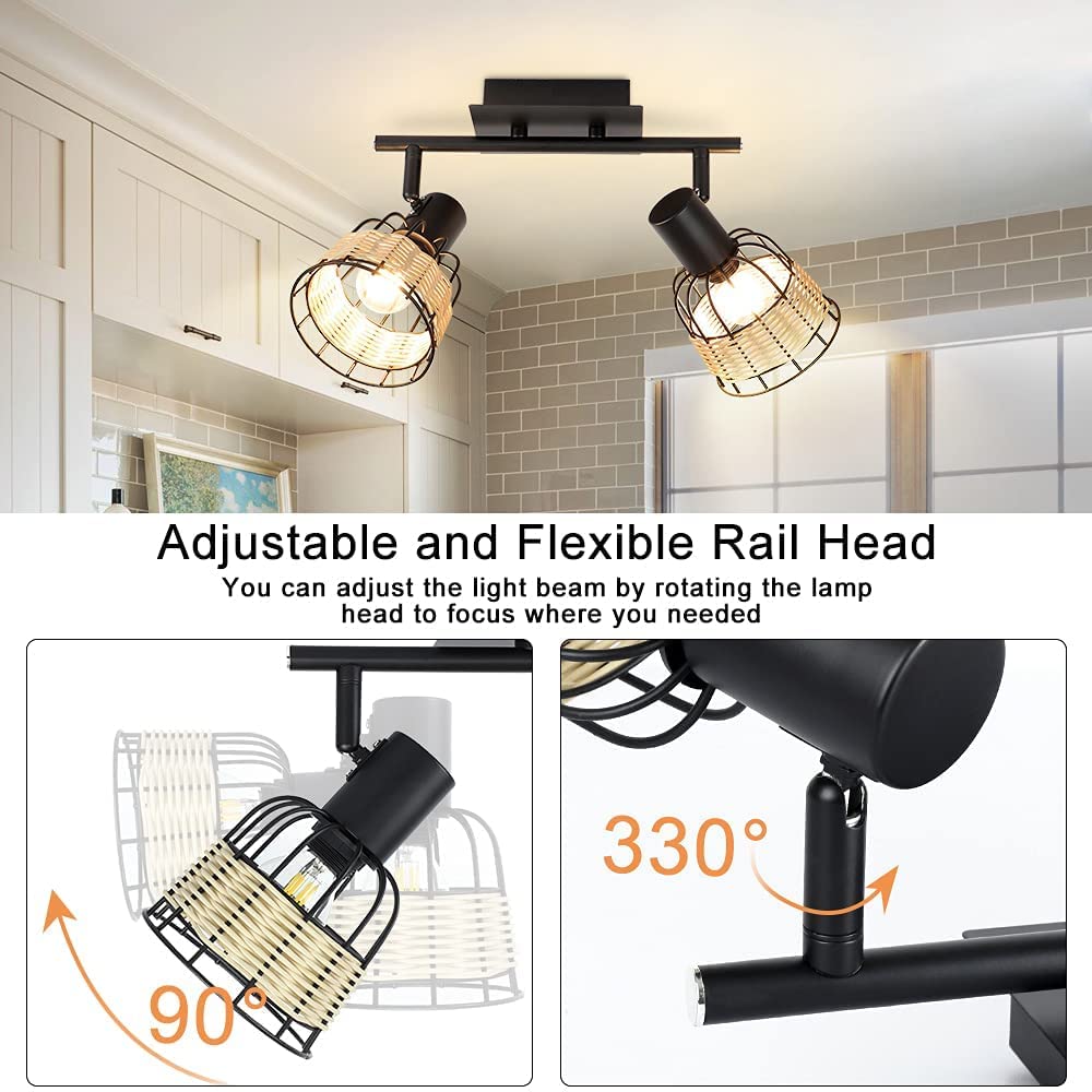 Depuley 2-Way Adjustable Spotlight Ceiling Light with Swivel Heads - Hollow Design Iron Rattan Lampshade - Modern Black Spot Lights for Kitchen, Living Room, Bedroom - Perfect for Ambient & Task Lighting