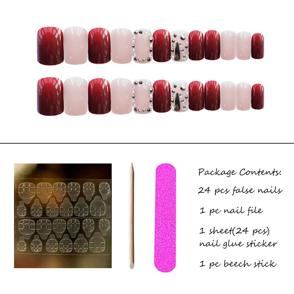 Aimimier 24Pcs Short Square False Nails with Rhinestone Designs - Glue & Sticker Included - Salon Quality Press on Nails for Women & Girls (Style 6) - Perfect for Parties, Weddings & Special Occasions