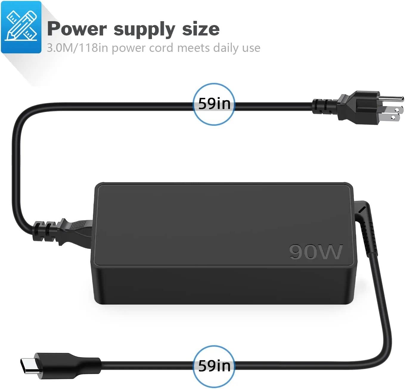 90W USB C Fast Charger for Dell, Lenovo, MacBook, HP, ASUS, Huawei & Xiaomi Laptops - Universal Type C Laptop Charger for Home, Office & Travel