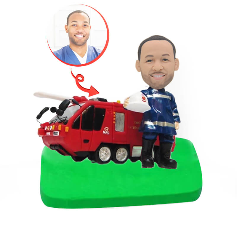 Custom Fireman & Firetruck Figurine Bobblehead - Personalized Firefighter Gift for Collectors, Office Desk Decor, Birthday & Retirement Present