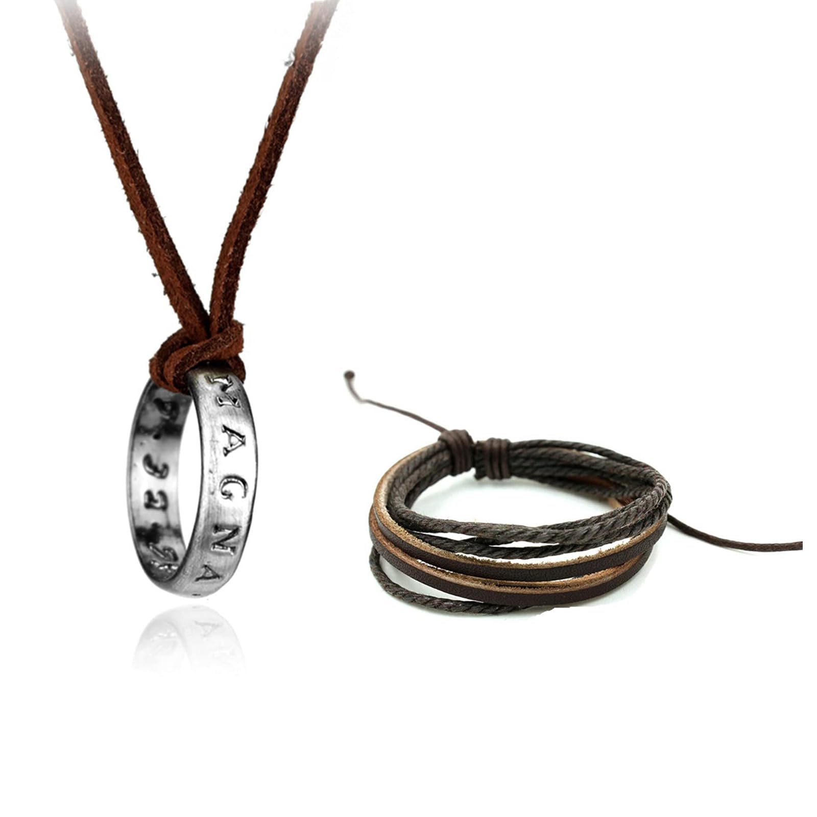 Personalized Engraved Ring Pendant Necklace with Brown Leather Chain & Matching Bracelet Set - Romantic Gift for Couples, Anniversary, Valentine's Day