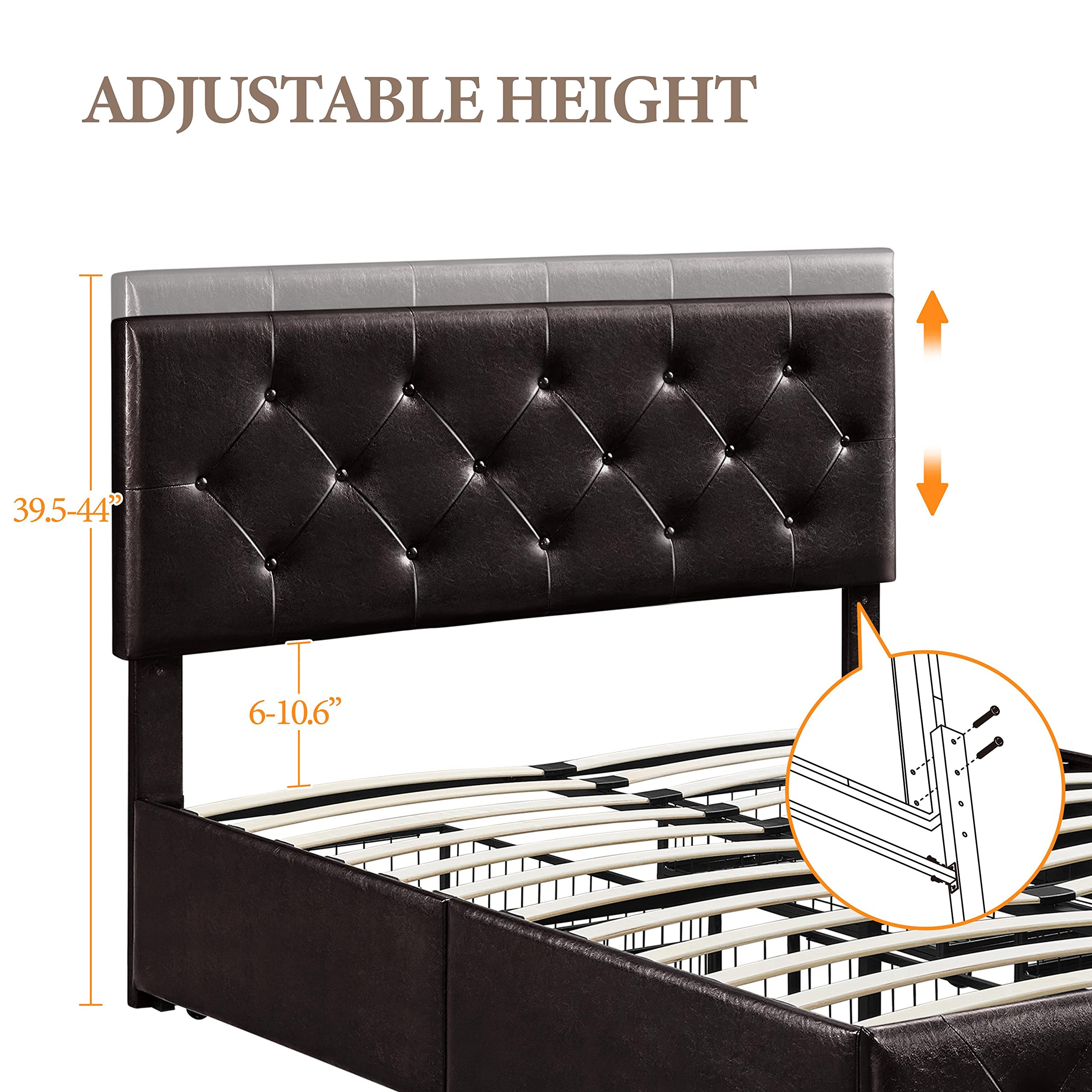 Topeakmart Queen Upholstered Bed Frame with Adjustable Headboard, 4 Storage Drawers & Wood Slat Support - Tufted Faux Leather Platform Bed, No Box Spring Needed (Black Brown) - Perfect for Small Bedrooms, Guest Rooms & Space-Saving Storage Solutions