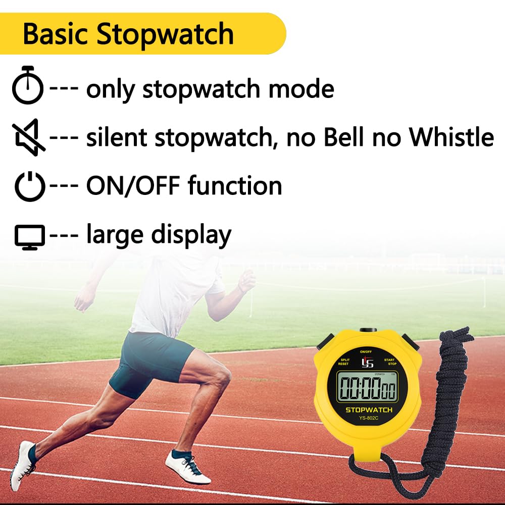 Digital Stopwatch Timer - Simple On/Off Operation, No Clock/Date/Countdown - Silent & Easy to Use - Basic Sports Stopwatch for Kids, Coaches, Running & Swimming (Yellow) - Perfect for Track Practice, Swim Meets & Youth Sports Training