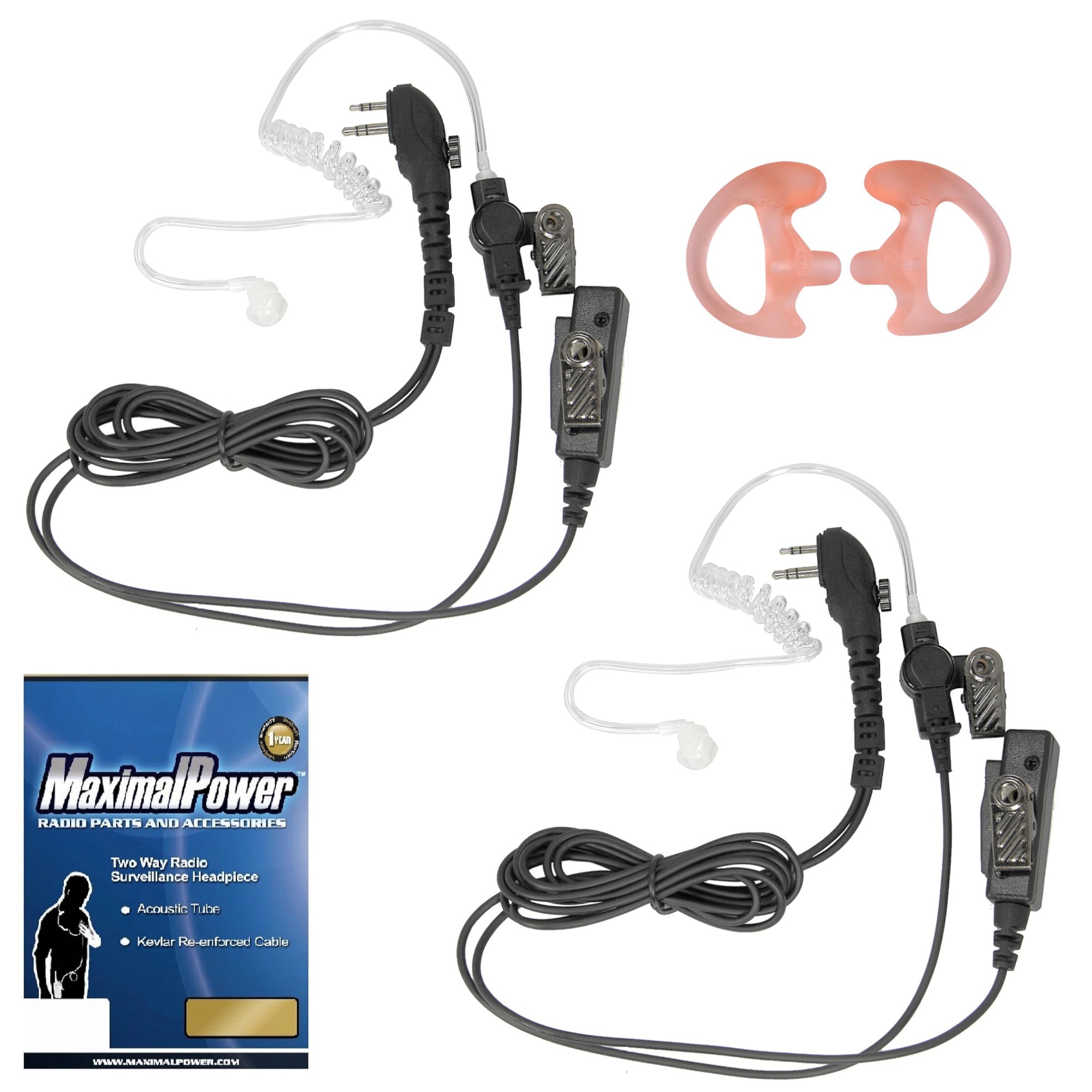 Hytera PD502 PD550 PD562 TD562 2-Pin Plug Headset with Clear Coil Tube Earbud - 2 Pack Replacement Headphones for Two-Way Radios - Perfect for Security, Construction & Outdoor Communication