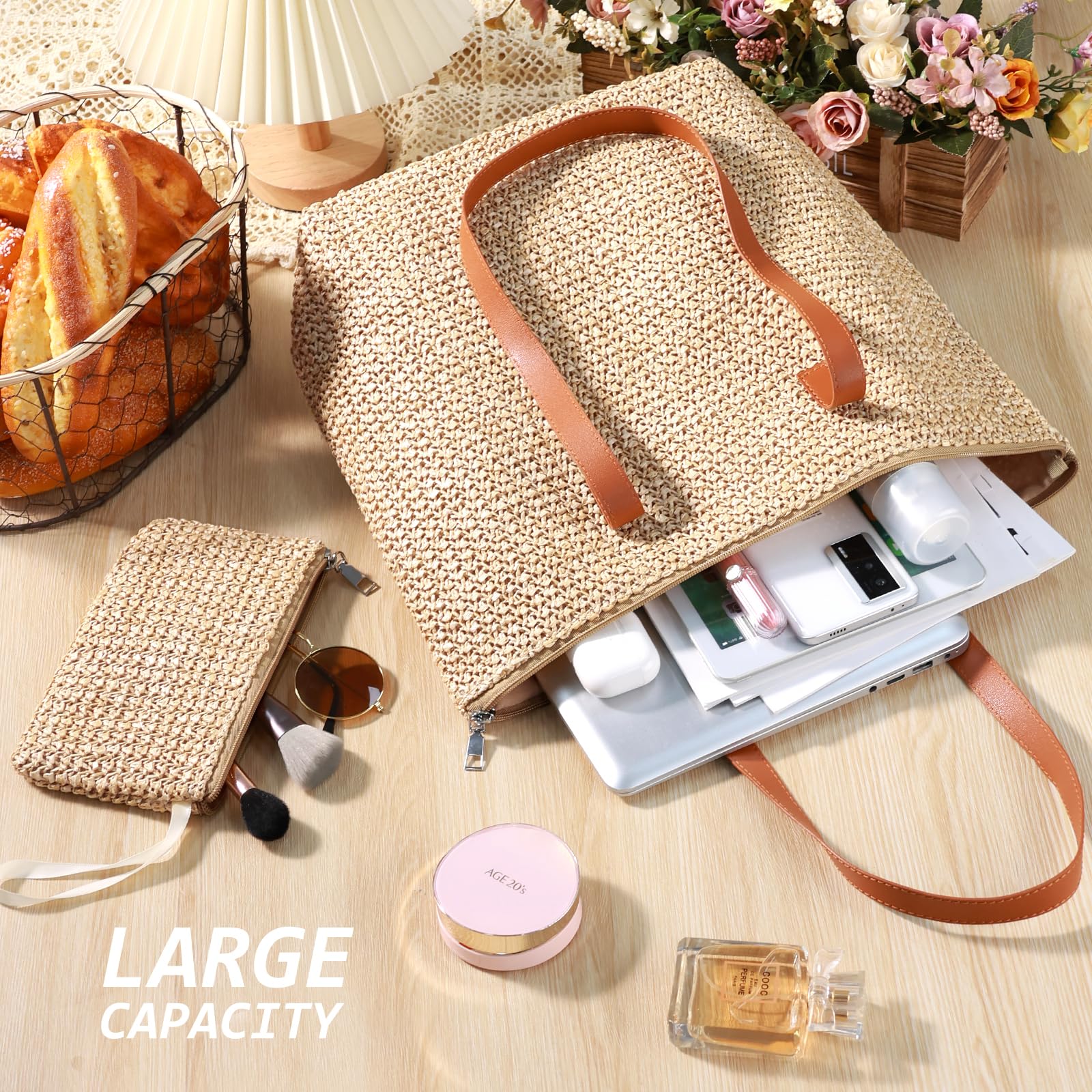 hatisan Straw Beach Bag for Women - Summer Woven Tote Shoulder Handbag, Boho Style Beach Bag for Pool, Vacation & Outdoor Activities