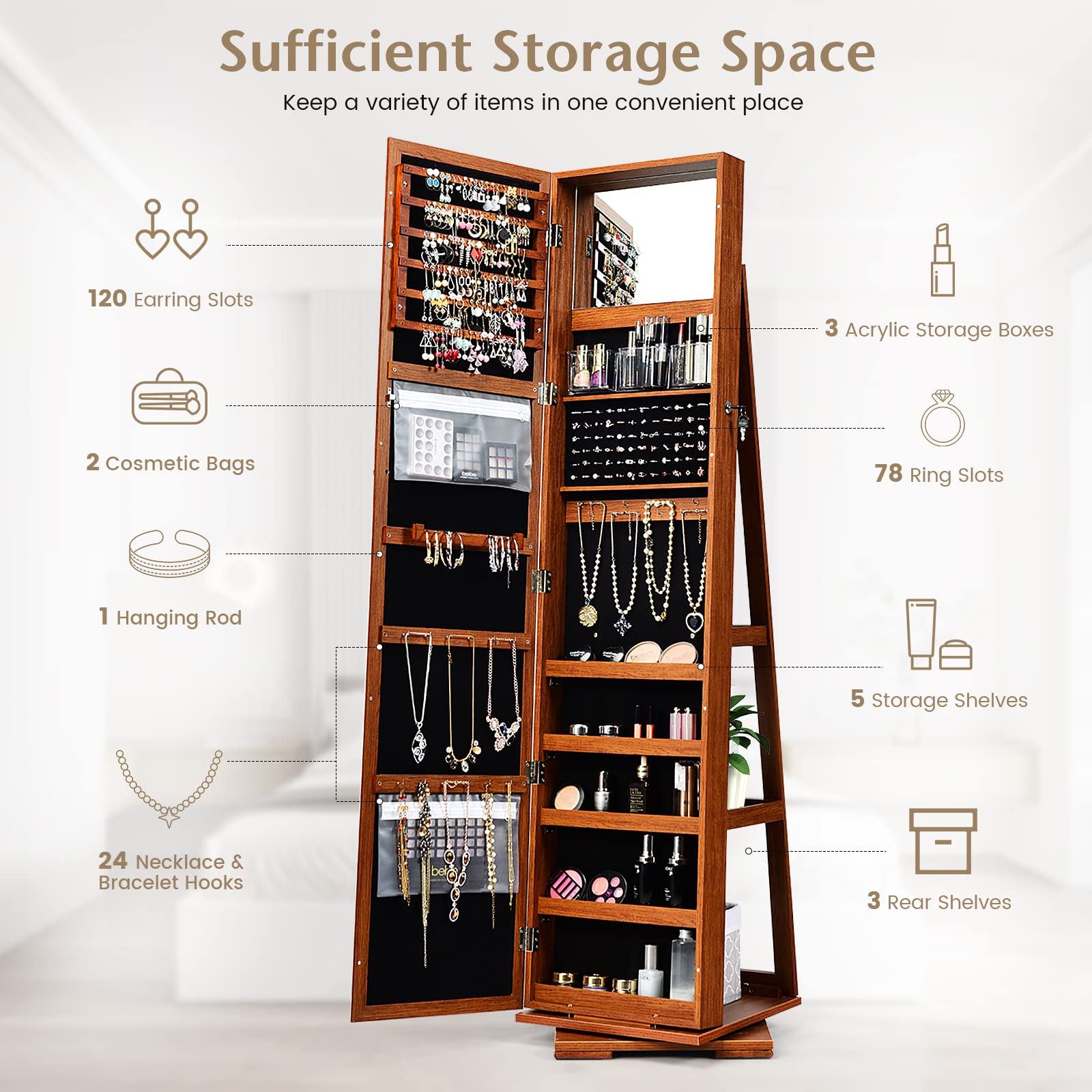 360° Rotating Jewelry Armoire Cabinet with Full-Length Mirror - Standing Jewelry Organizer with Lockable Doors & Large Storage Space for Necklaces, Rings, Earrings - Perfect for Bedroom, Dressing Room & Closet Organization (Walnut)
