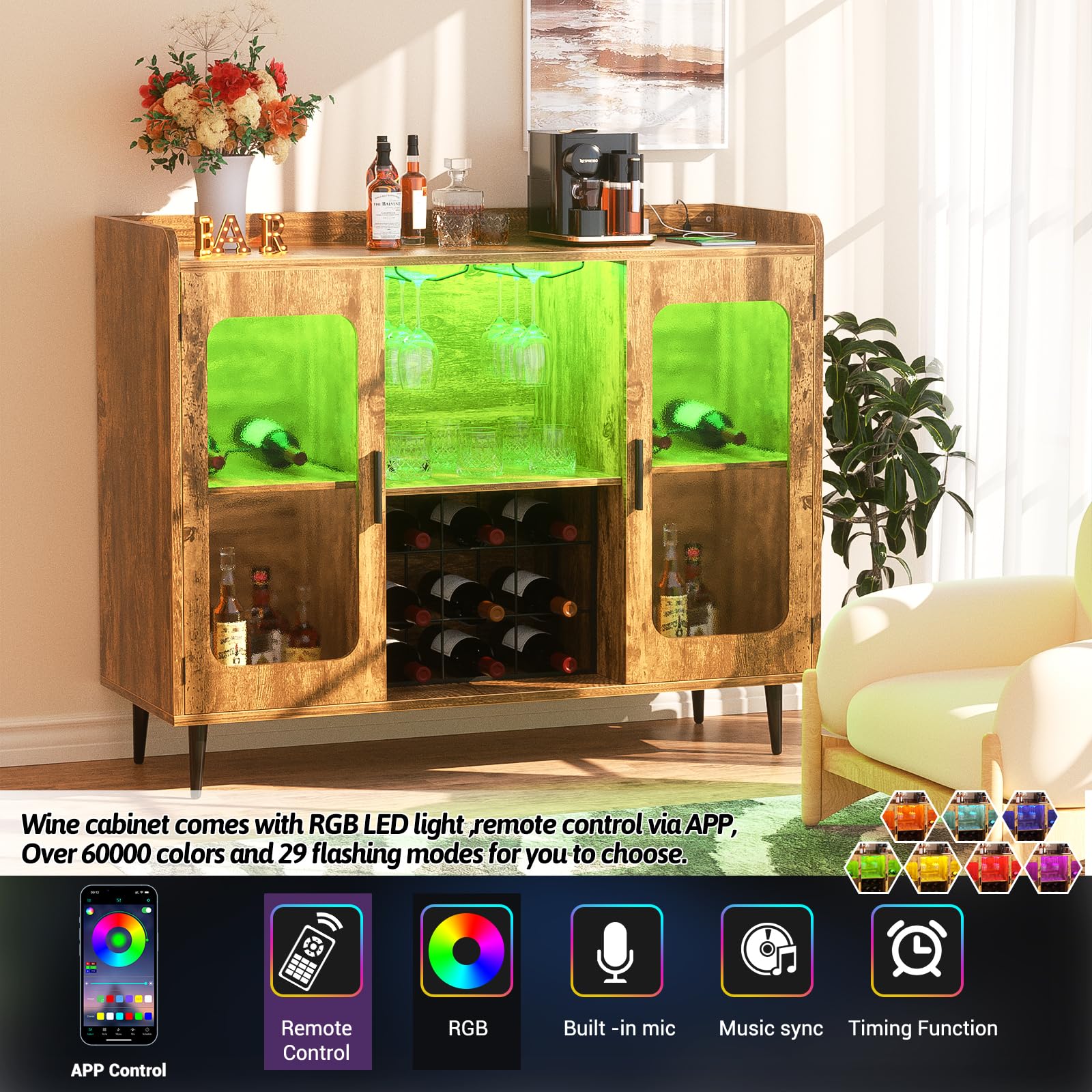 Modern Liquor Cabinet Bar with Built-in Power Outlet & LED Lighting - Wine Storage Cabinet with Glass Rack, Coffee Bar Station, Buffet Sideboard with Storage Shelves for Kitchen & Dining Room - Rustic Brown Finish - Perfect for Home Entertaining & Small Space Organization
