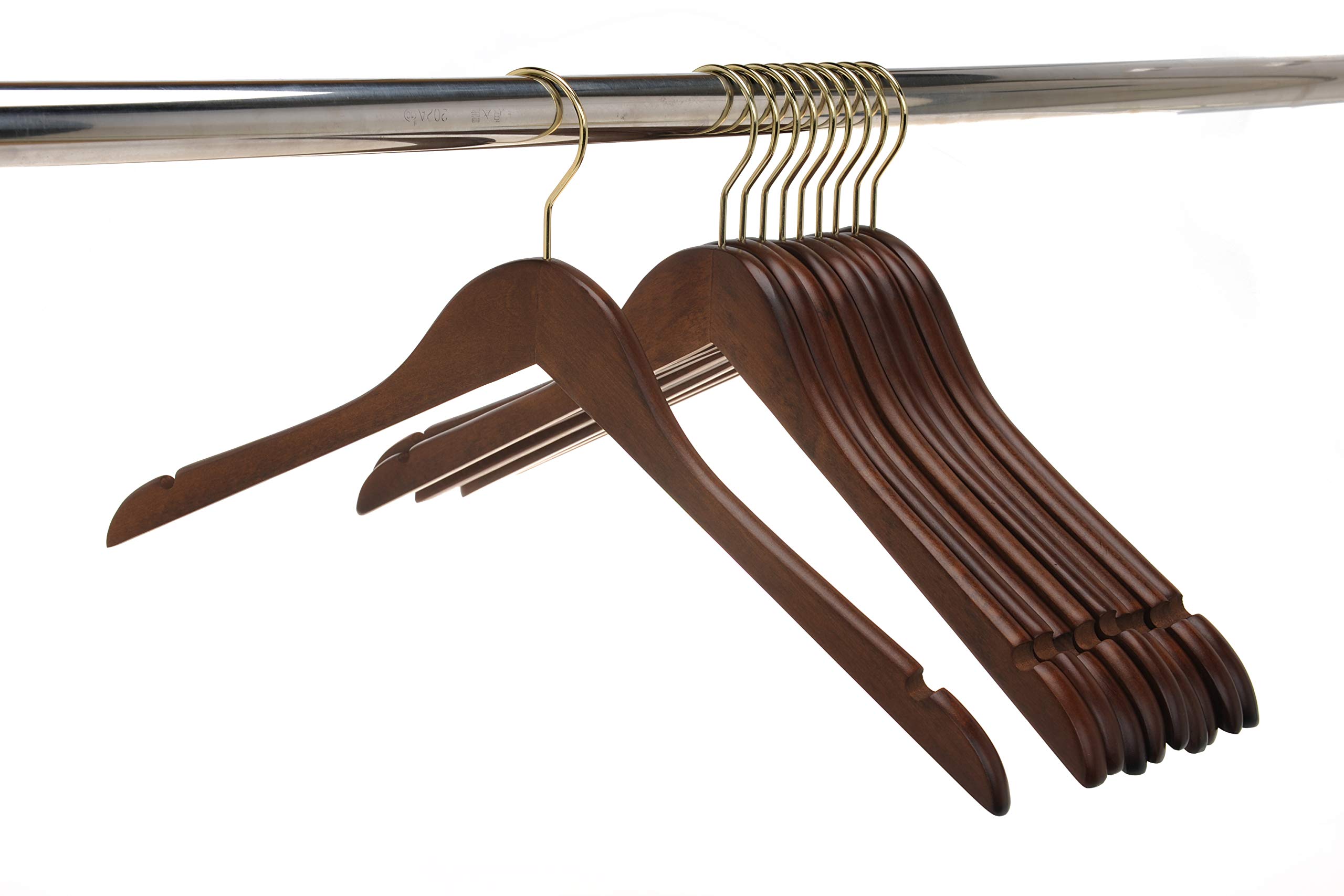 Premium Semi-Curved Wooden Suit Hangers - 10-Pack Smooth Finish Solid Wood Coat Hangers with Swivel Hook for Jackets, Pants & Dresses (Walnut - Gold Hook) - Perfect for Closet Organization & Luxury Wardrobe Storage