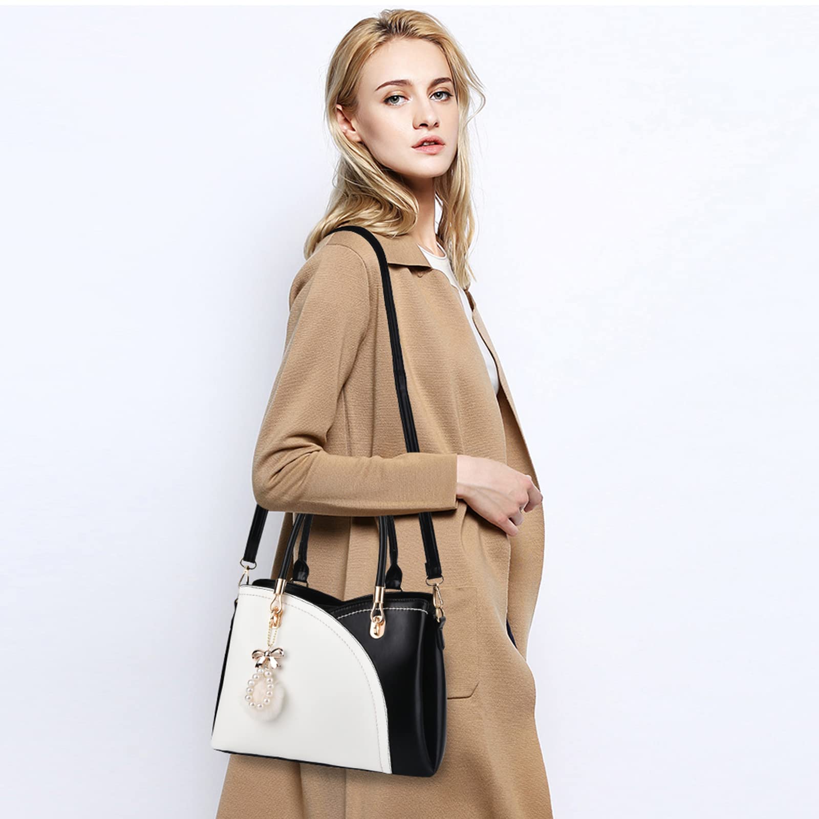 IHAYNER Women's Leather Handbags - Fashion Top Handle Large Tote Satchel Shoulder Bag with Pompom for Ladies & Girls | Perfect for Work, Travel & Daily Use