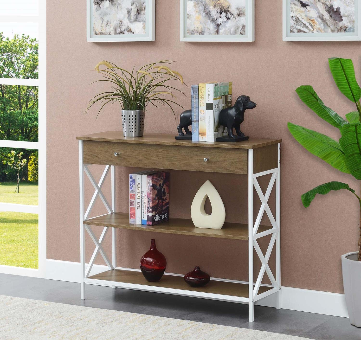 Convenience Concepts Tucson 1-Drawer Console Table with Shelves - Driftwood & White Finish - Entryway, Living Room, Hallway Furniture for Home Decor