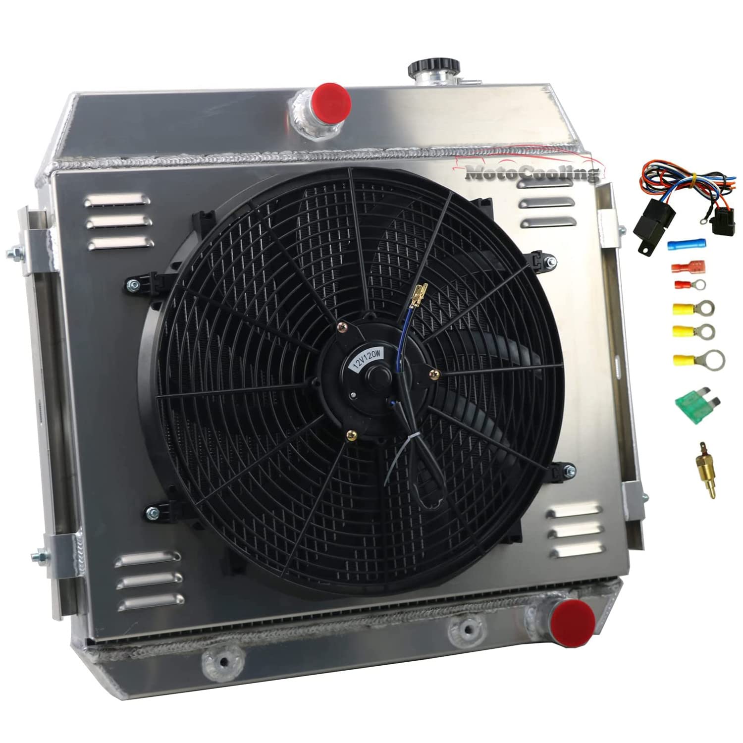 62MM 4-Row Aluminum Radiator Replacement for 1955-1957 Chevy Bel Air, Delray, Nomad, One Fifty/Two Ten Series - V8 Manual Transmission - Includes Radiator Shroud & Electric Fan Relay Kit - Perfect for Classic Car Restoration & Hot Rod Upgrades