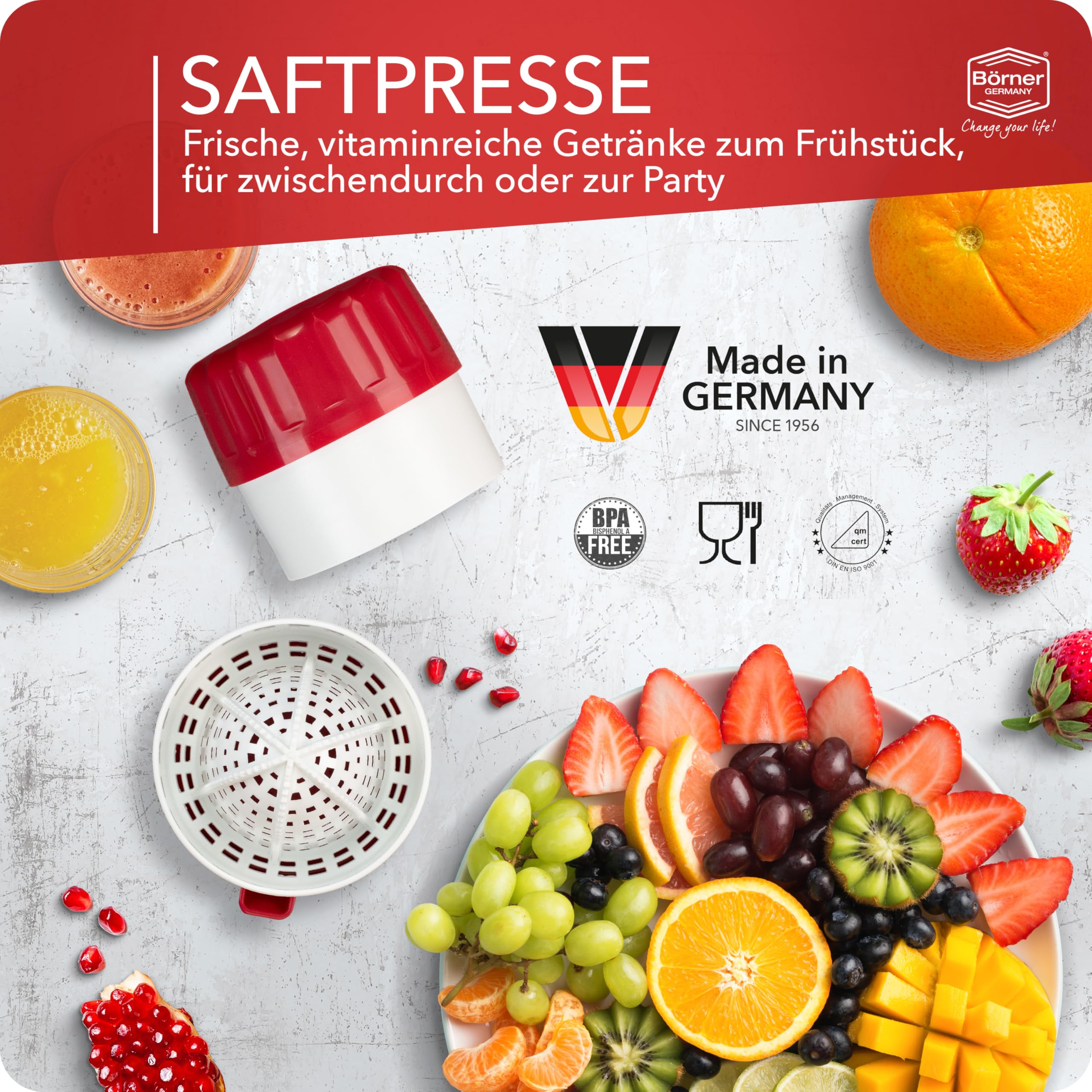 Fresh Citrus Juicer - Manual Lemon & Orange Press for Homemade Juice - Juice Extractor with Container - Red Fruit & Vegetable Squeezer - Perfect for Cocktails, Smoothies & Healthy Drinks