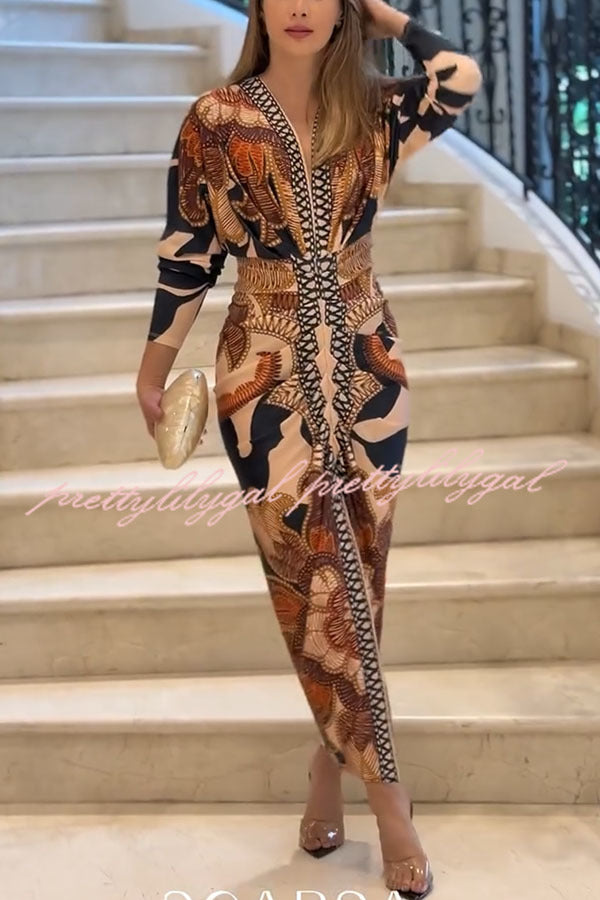 Verra Unique Print Dolman Long Sleeve Ruched Slit Midi Dress for Women | Flowy Boho Chic Dress for Casual Outings, Date Nights & Special Occasions
