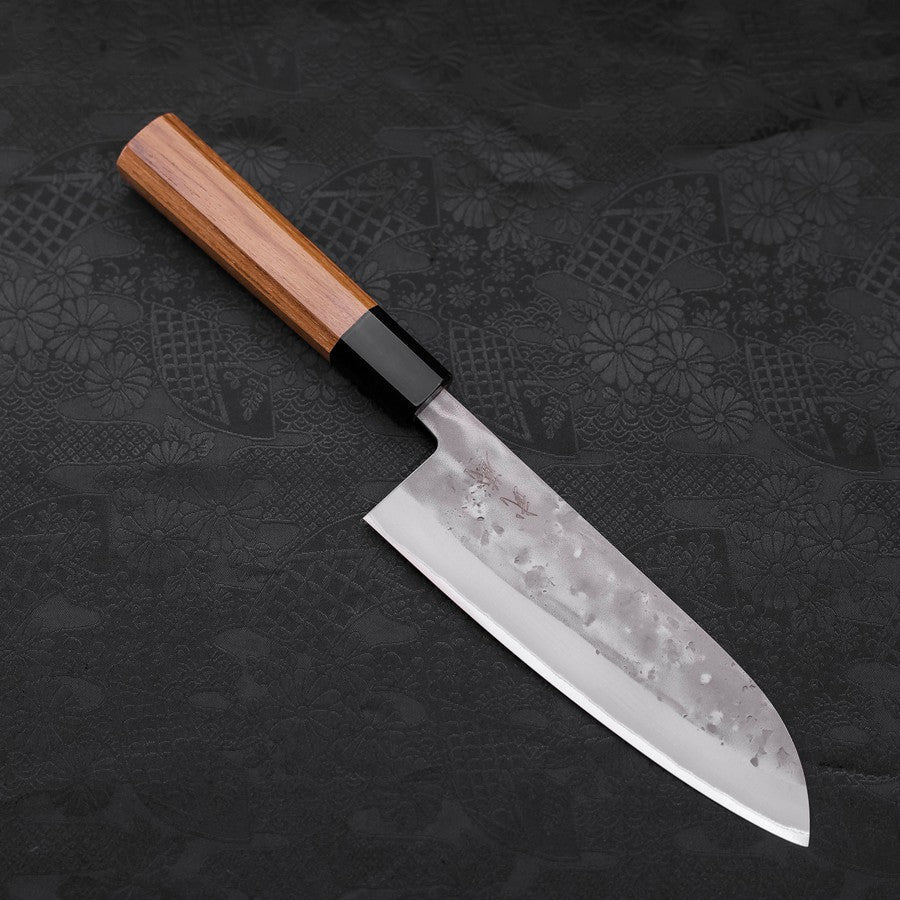 Premium Santoku Knife 165mm - Blue Steel #2 Nashiji Stainless Clad with Buffalo Teak Handle - Japanese Chef Knife for Slicing, Dicing & Chopping Vegetables, Meat & Fish - Perfect for Home Cooks & Professional Kitchens