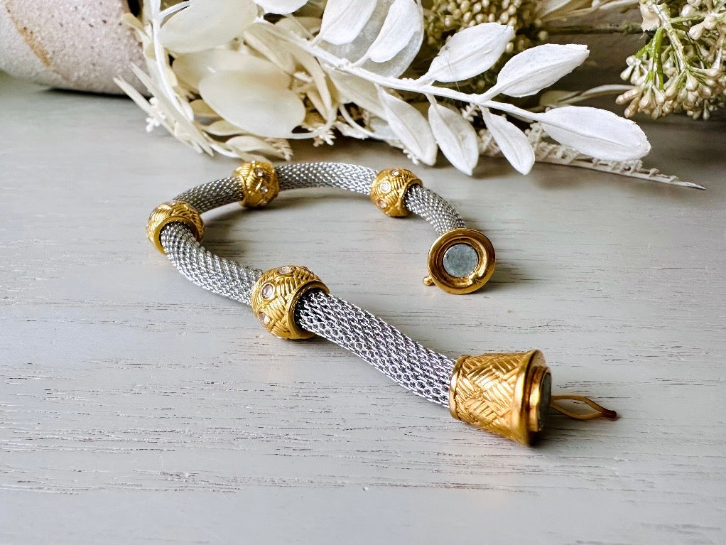 Vintage 1980s Mixed Metal Gold & Stainless Steel Mesh Bracelet - Classic Bold Eternal Designer Jewelry for Women | Perfect for Retro Parties, Vintage Fashion & 80s Theme Events