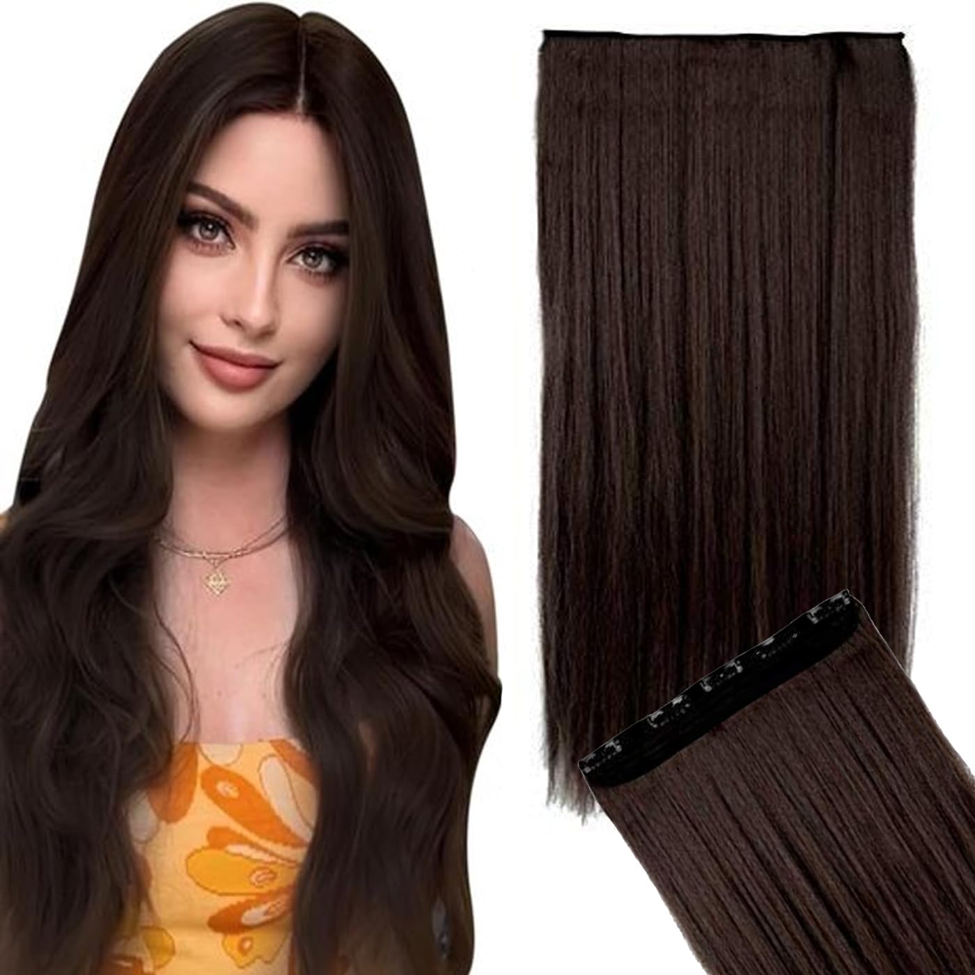 Verbier Long Straight Synthetic Hair Extensions for Women - Smooth & Silky Dark Brown Clip-In Hair Extensions (Pack of 1) | Perfect for Daily Wear, Parties & Special Occasions