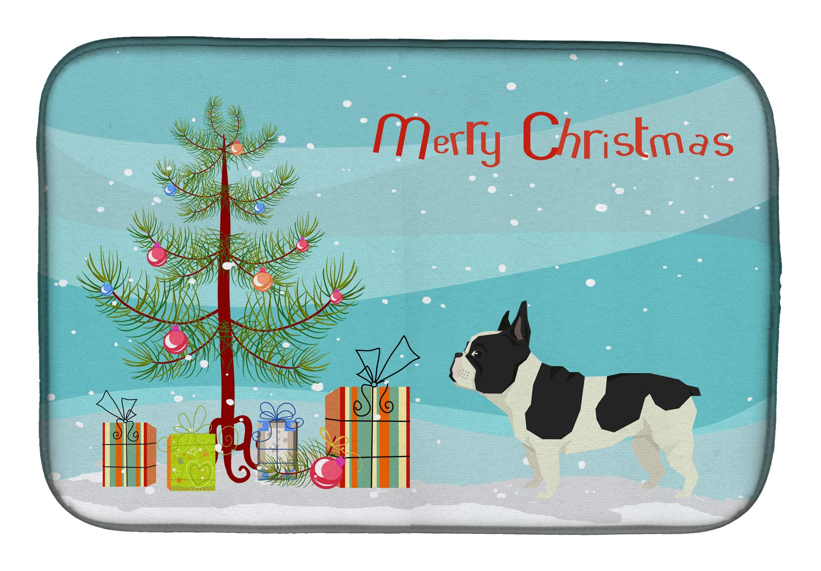 French Bulldog Christmas Tree Dish Drying Mat - Absorbent Kitchen Counter Pad (14