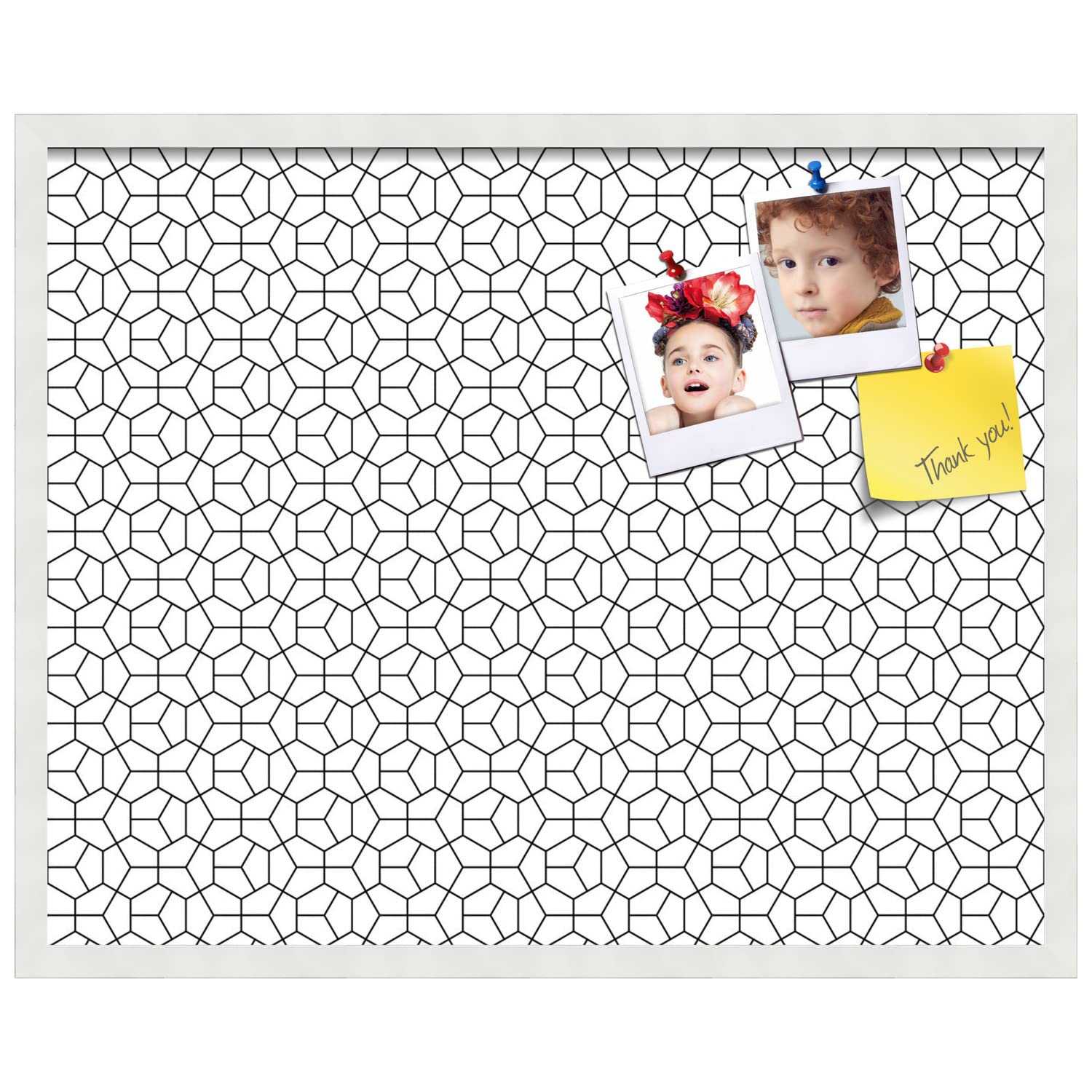 PinPix 30x24 Inch Cork Bulletin Board with Modern Hex Black Design & Satin White Frame - Wall Mounted Memo Board for Home Office Decor, School Classroom, Dorm Room Organization & Message Display